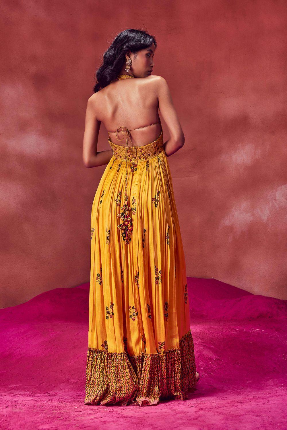 Yellow Printed Long Crush Dress