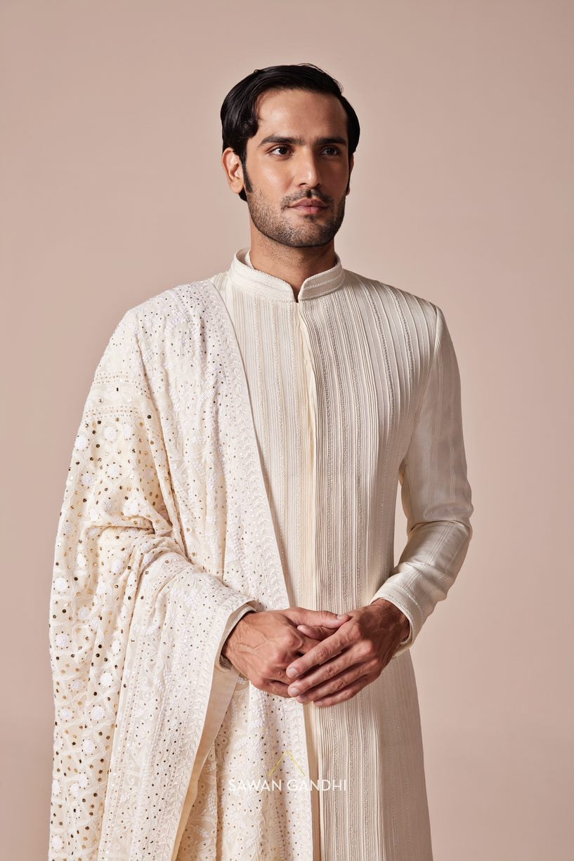 Ivory pintex and cutdana sherwani