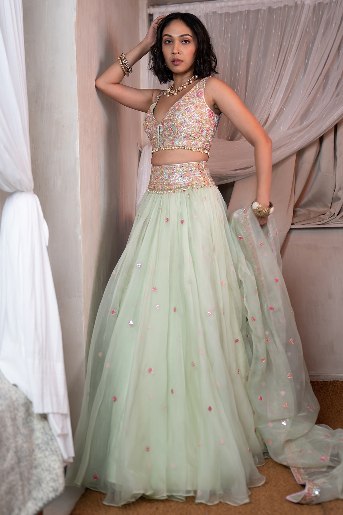 Mint Green Organza Lehenga