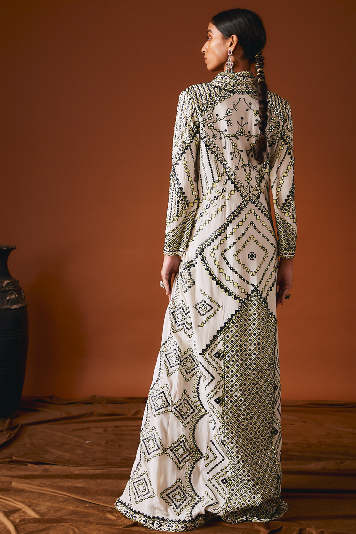Ivory Crepe Long Kaftan With Mirror And Resham