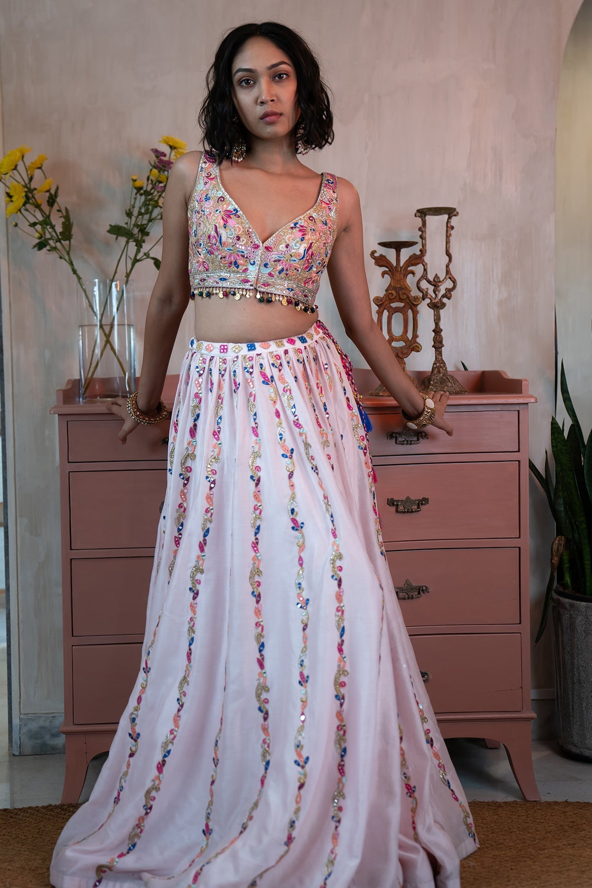 Light Pink Chanderi Skirt and Embroidered Blouse