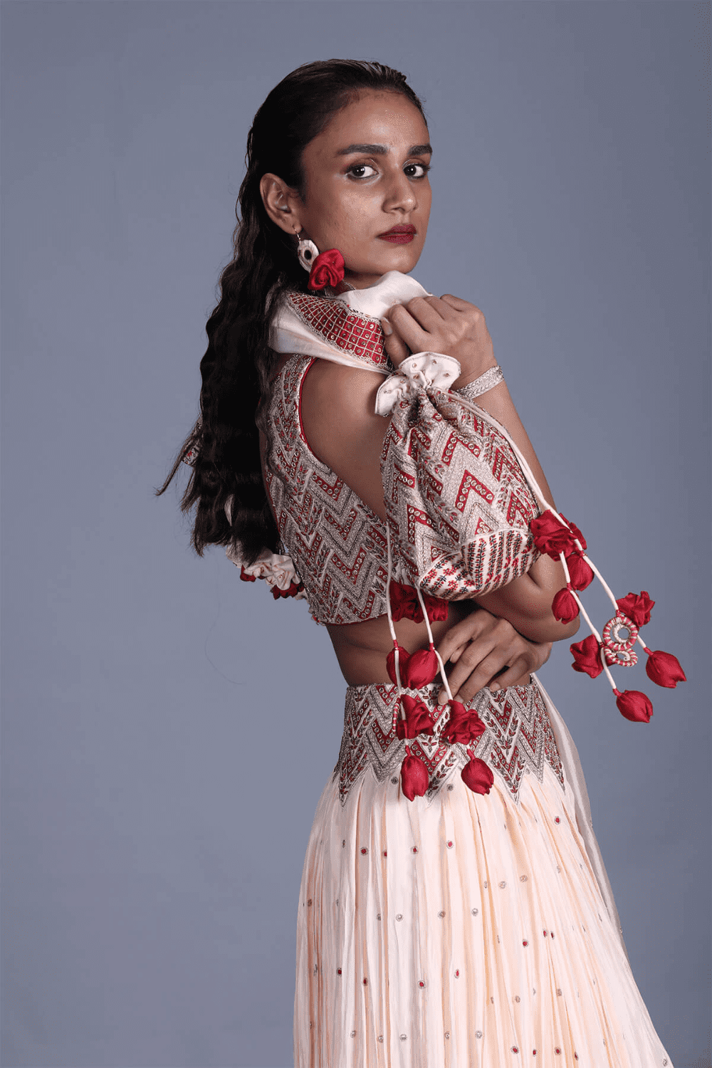 Peach Crushed Lehenga Hand Embellished Blouse