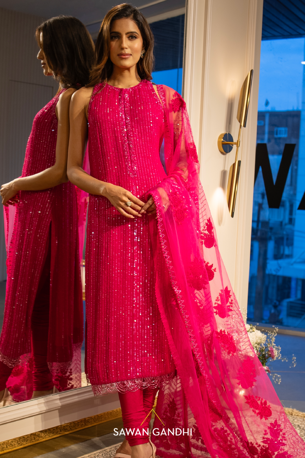 Hot pink sequins suit