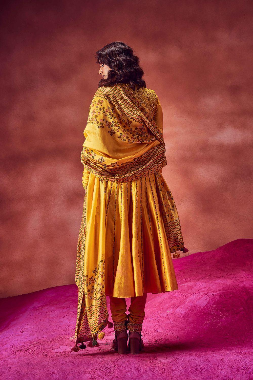 Yellow Resham Work Anarkali Paired With Jacket & Churidar