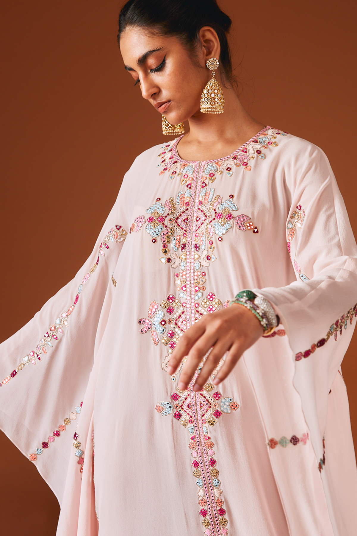 Light Pink Georgette Kaftan With Mirror And Resham