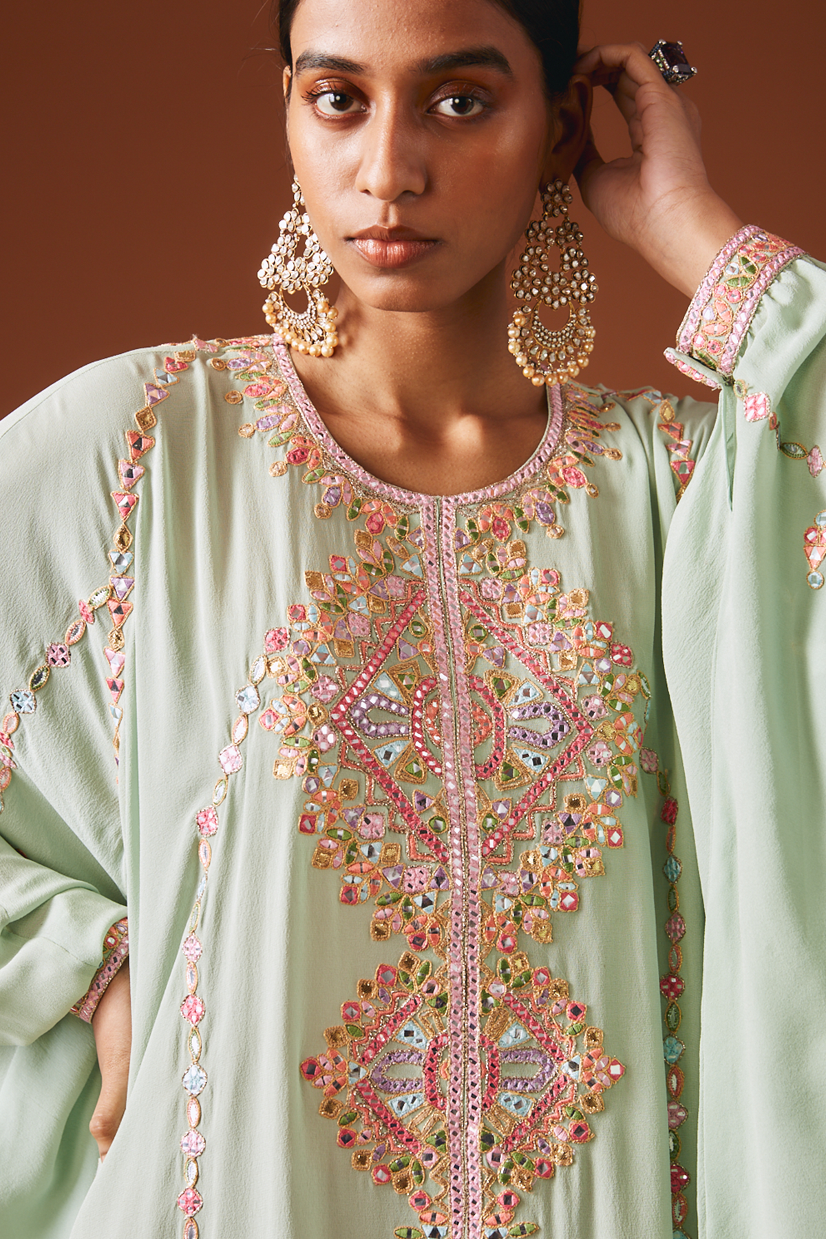 Sea Green Georgette Kaftan With Mirror And Resham