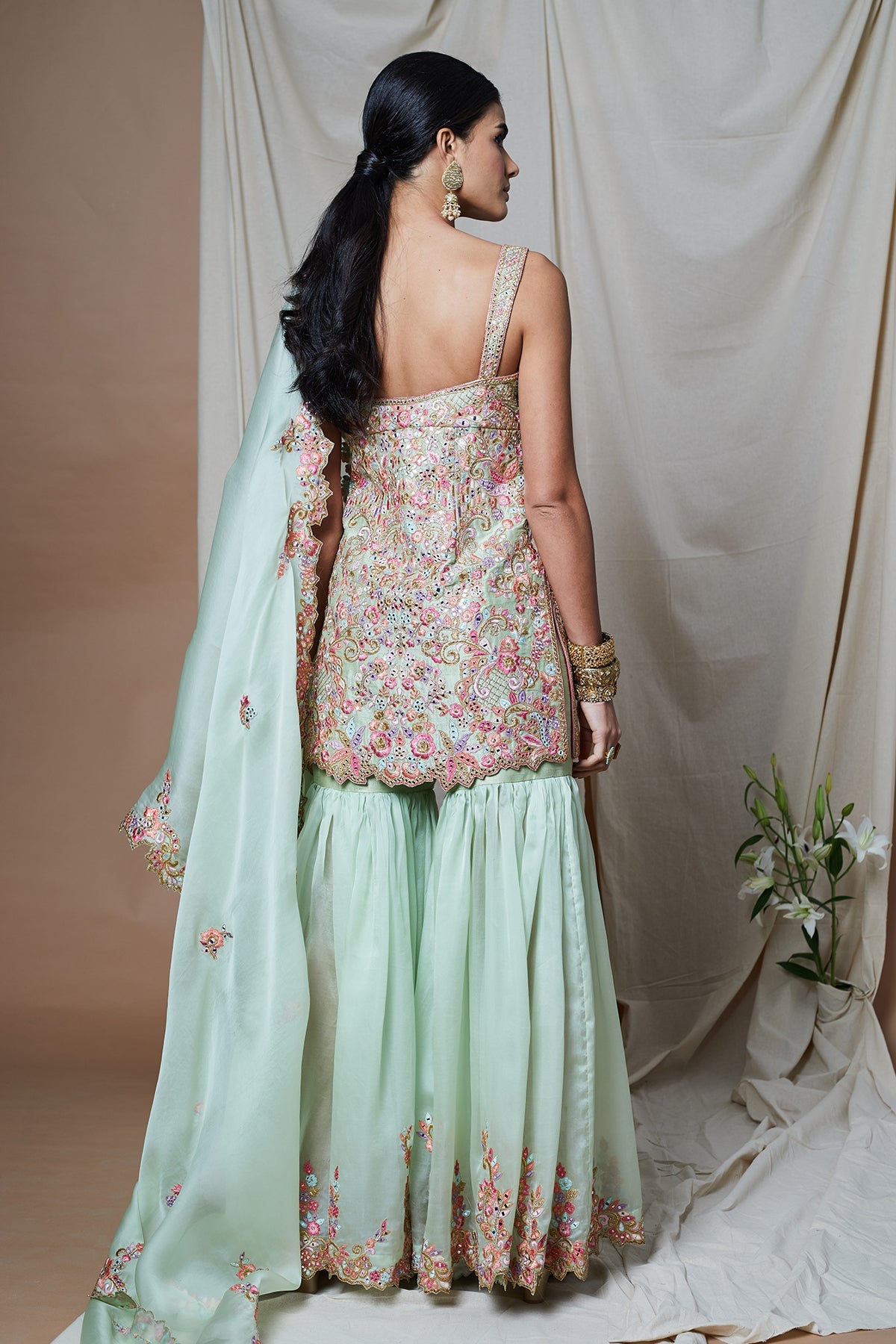 GREEN ORGANZA GHARARA