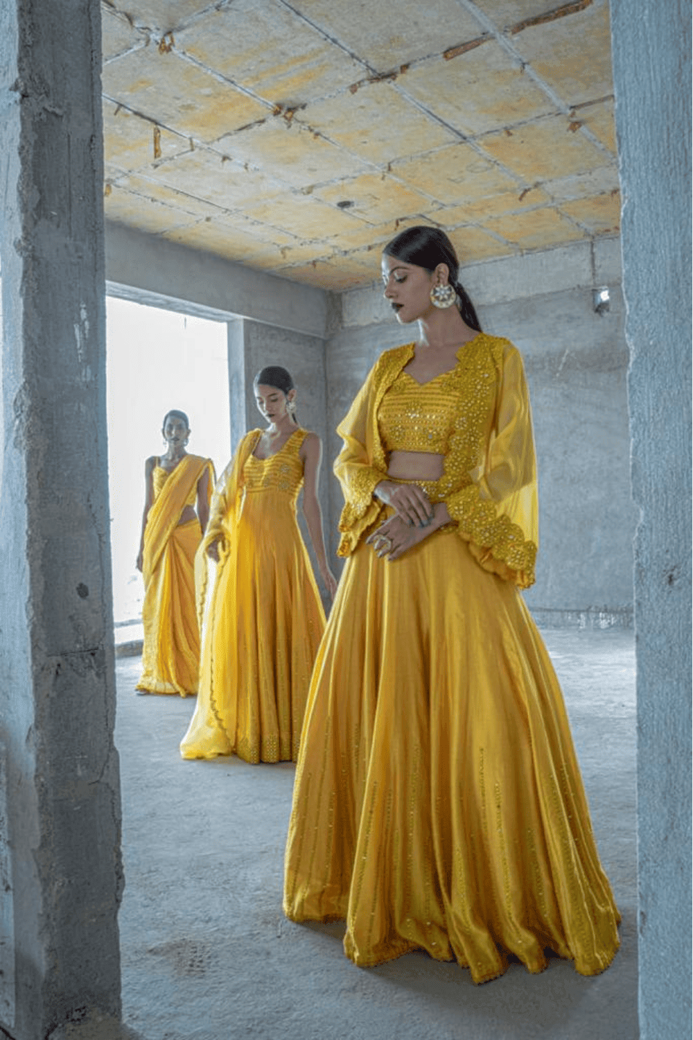 Mustard Heavy Mirror Work Skirt With Cape Set