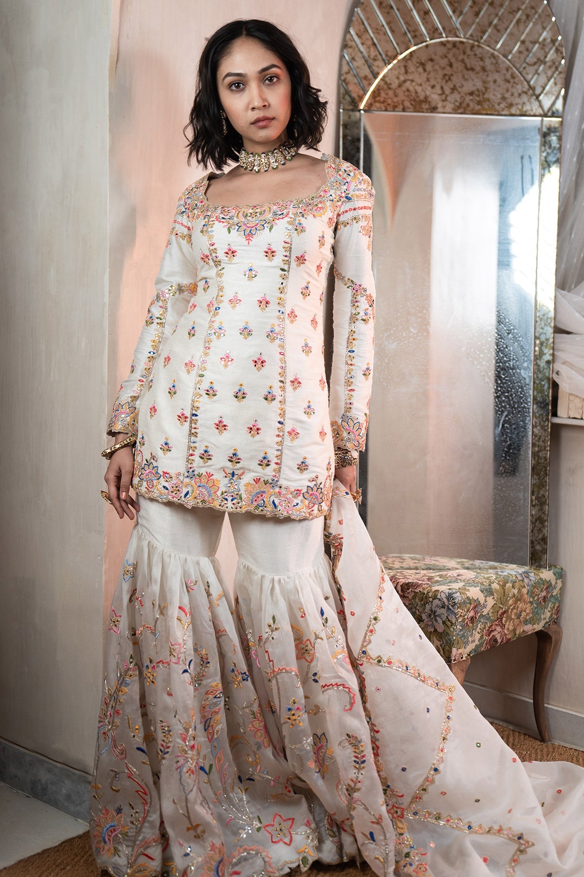 Ivory Rawsilk and Organza Gharara Set