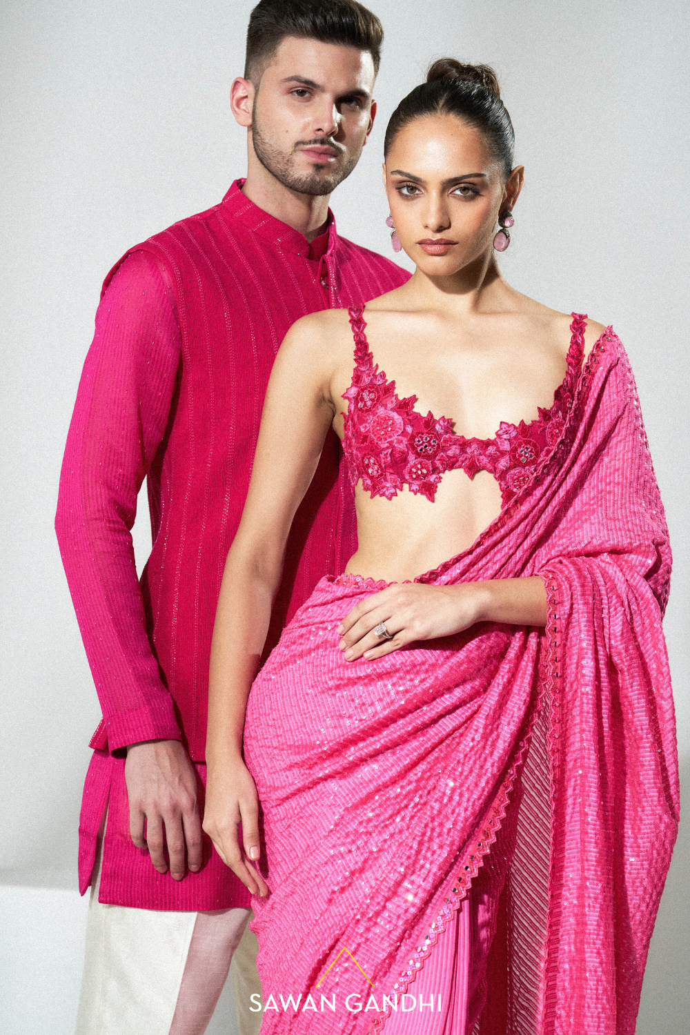 Hot pink cutdana lines Nehru kurta
