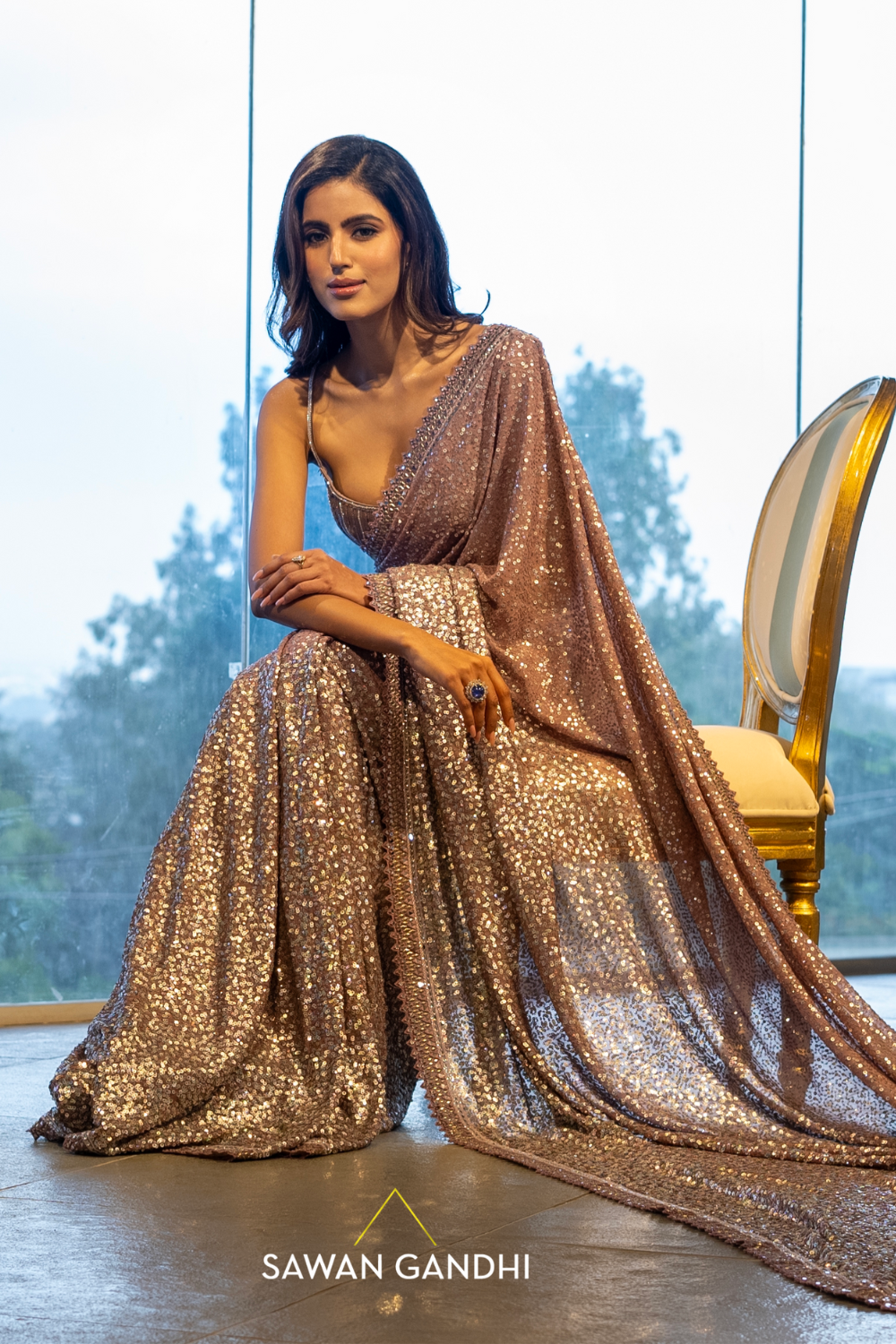 Mauve silver sequins saree