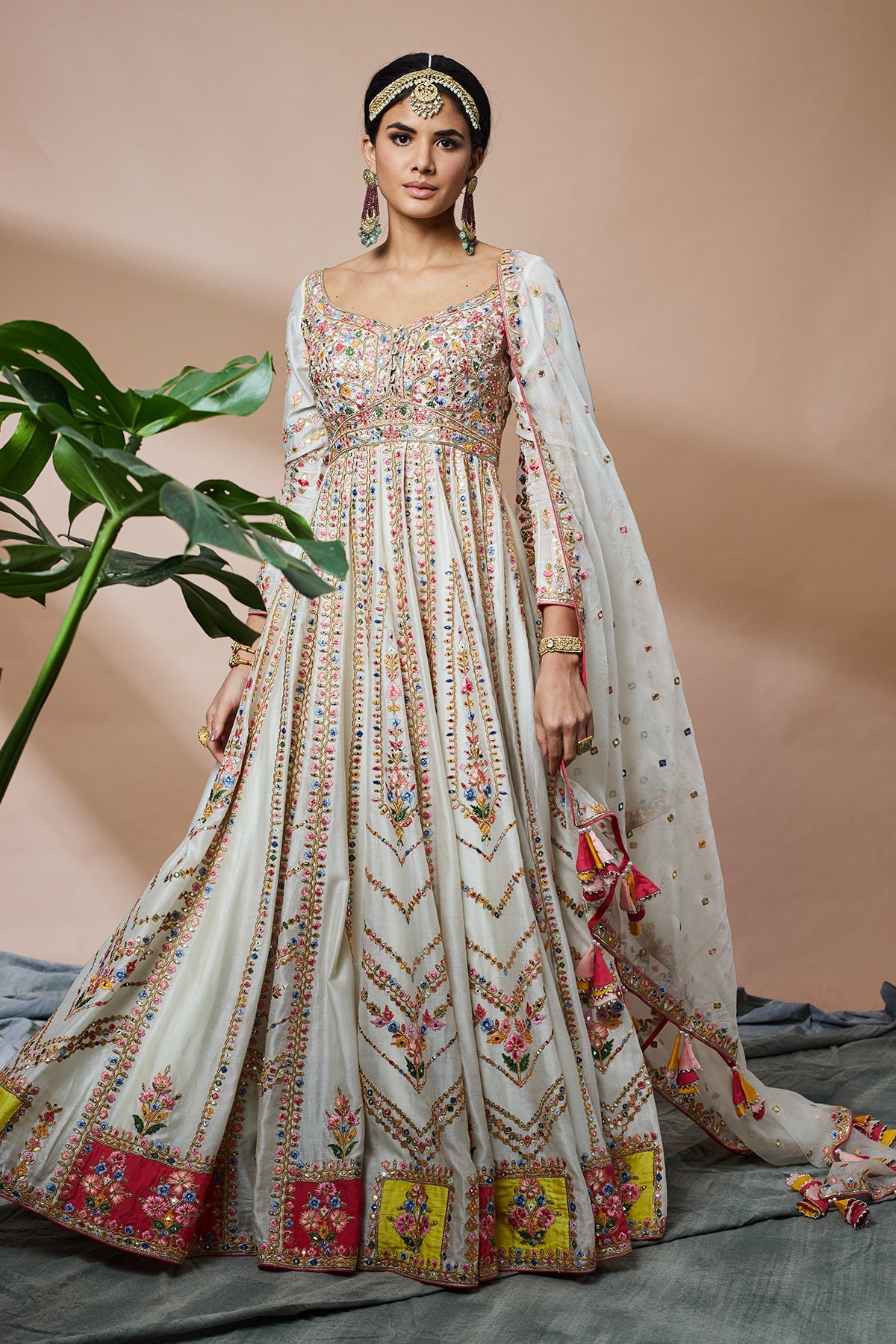 Ivory Georgette Anarkali With Patchwork