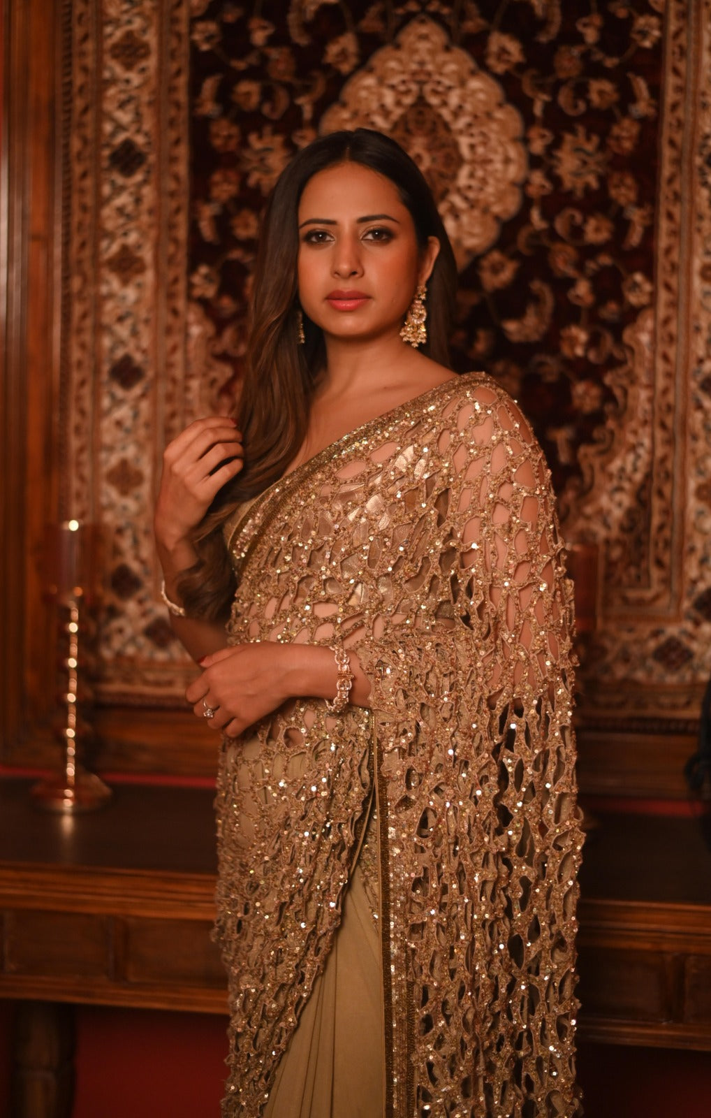 Sargun mehta in Golden cut work saree