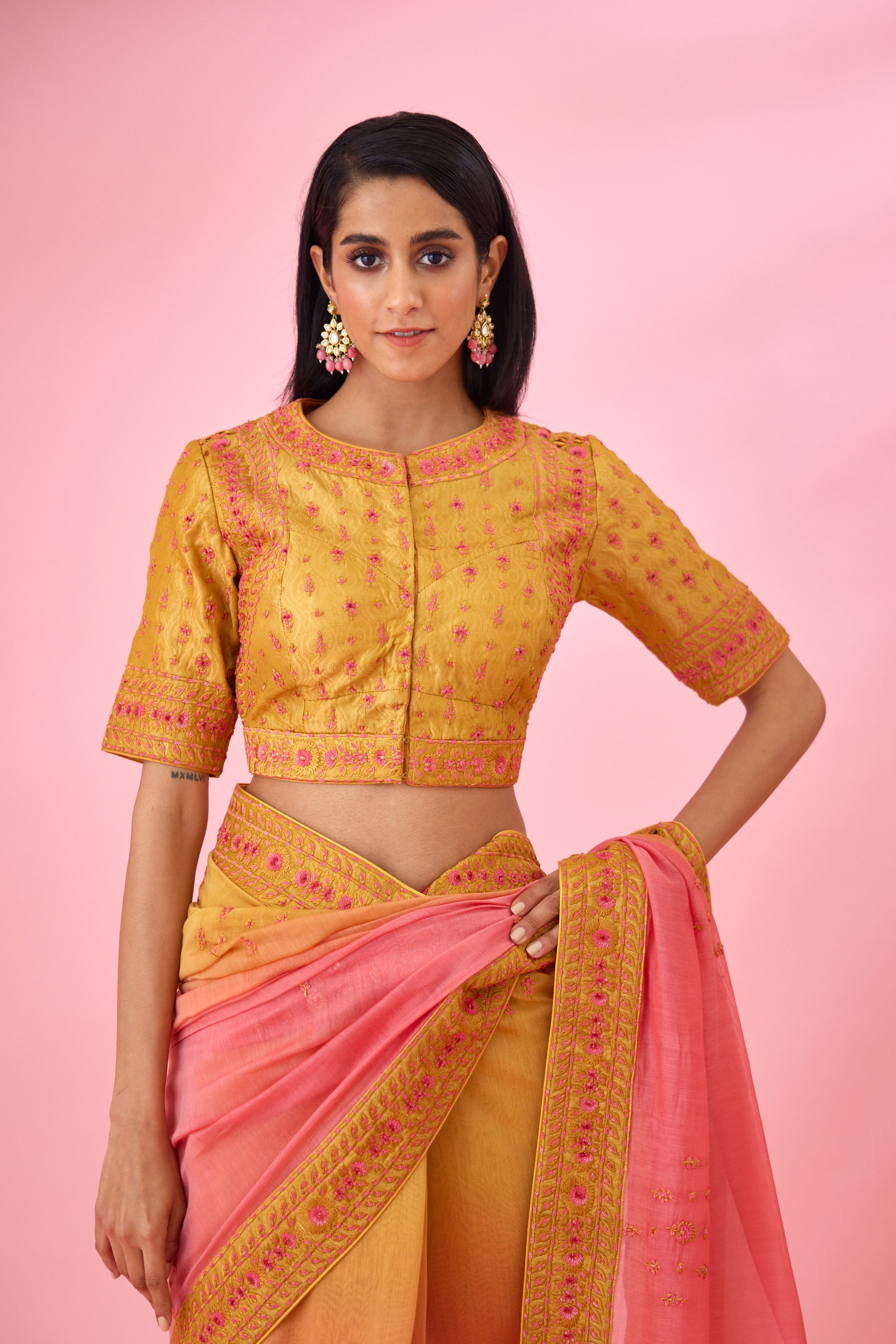 Yellow Pink Ombre Saree Set
