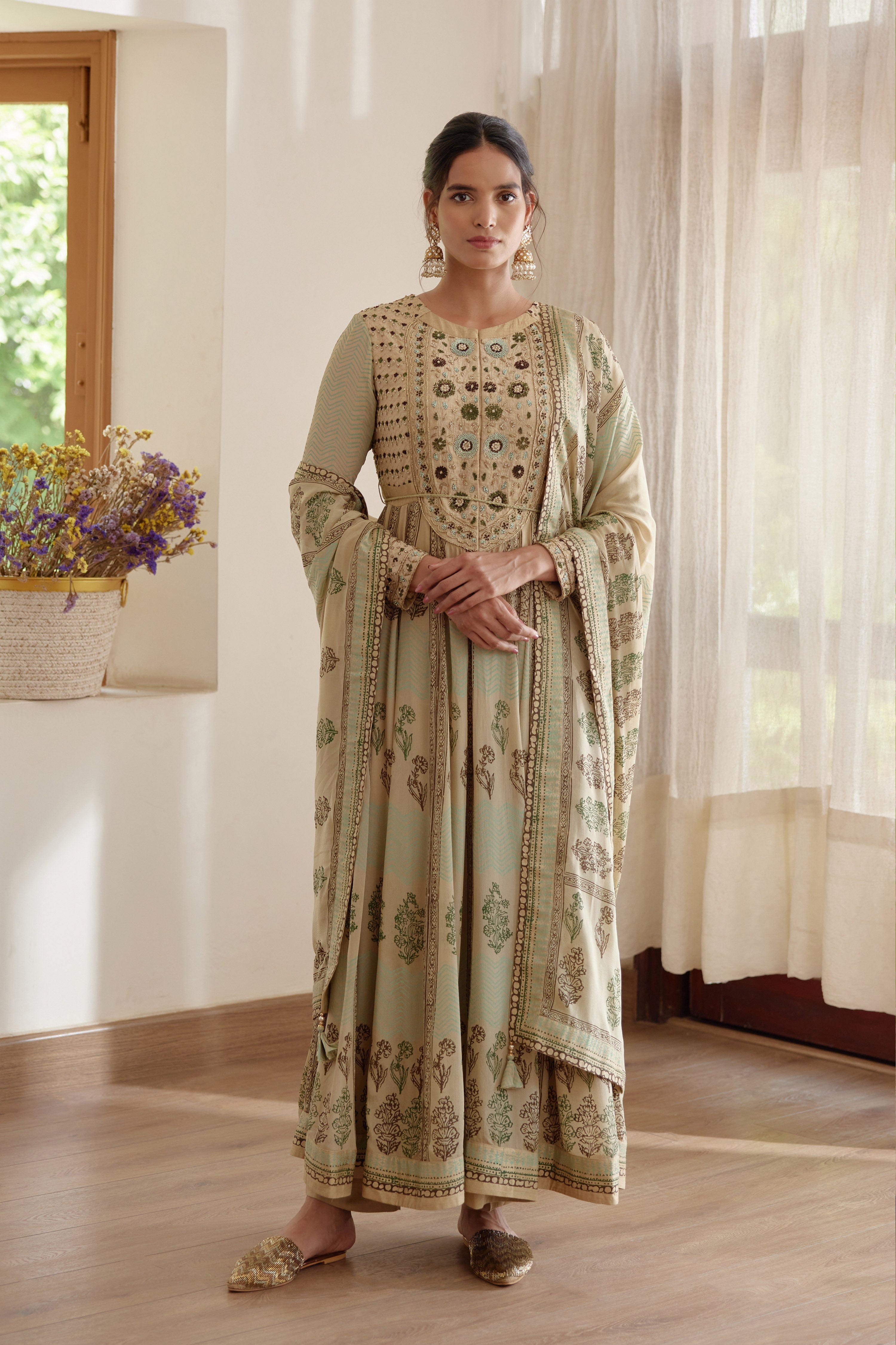Neutral Green Anarkali Set