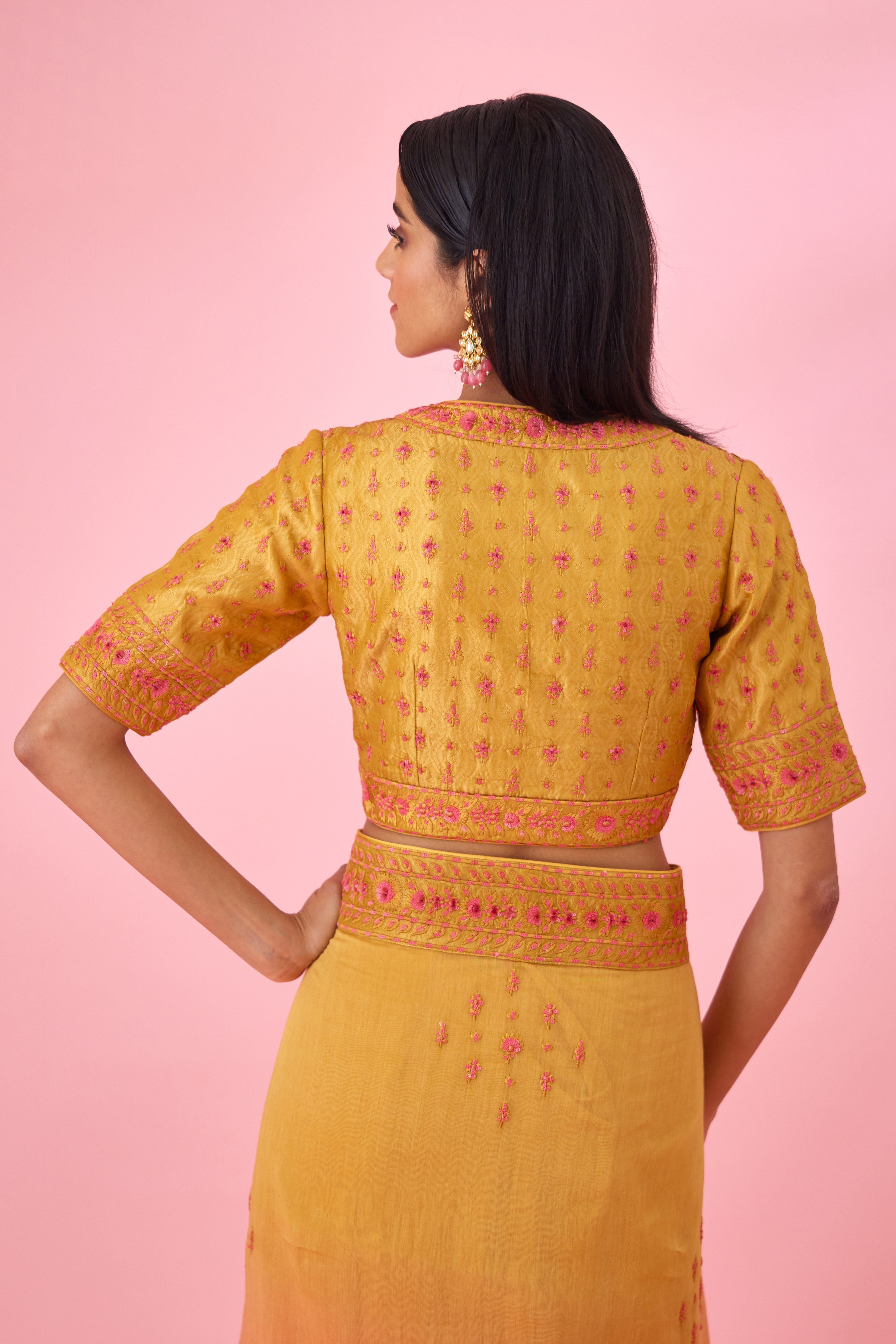 Yellow Pink Ombre Saree Set