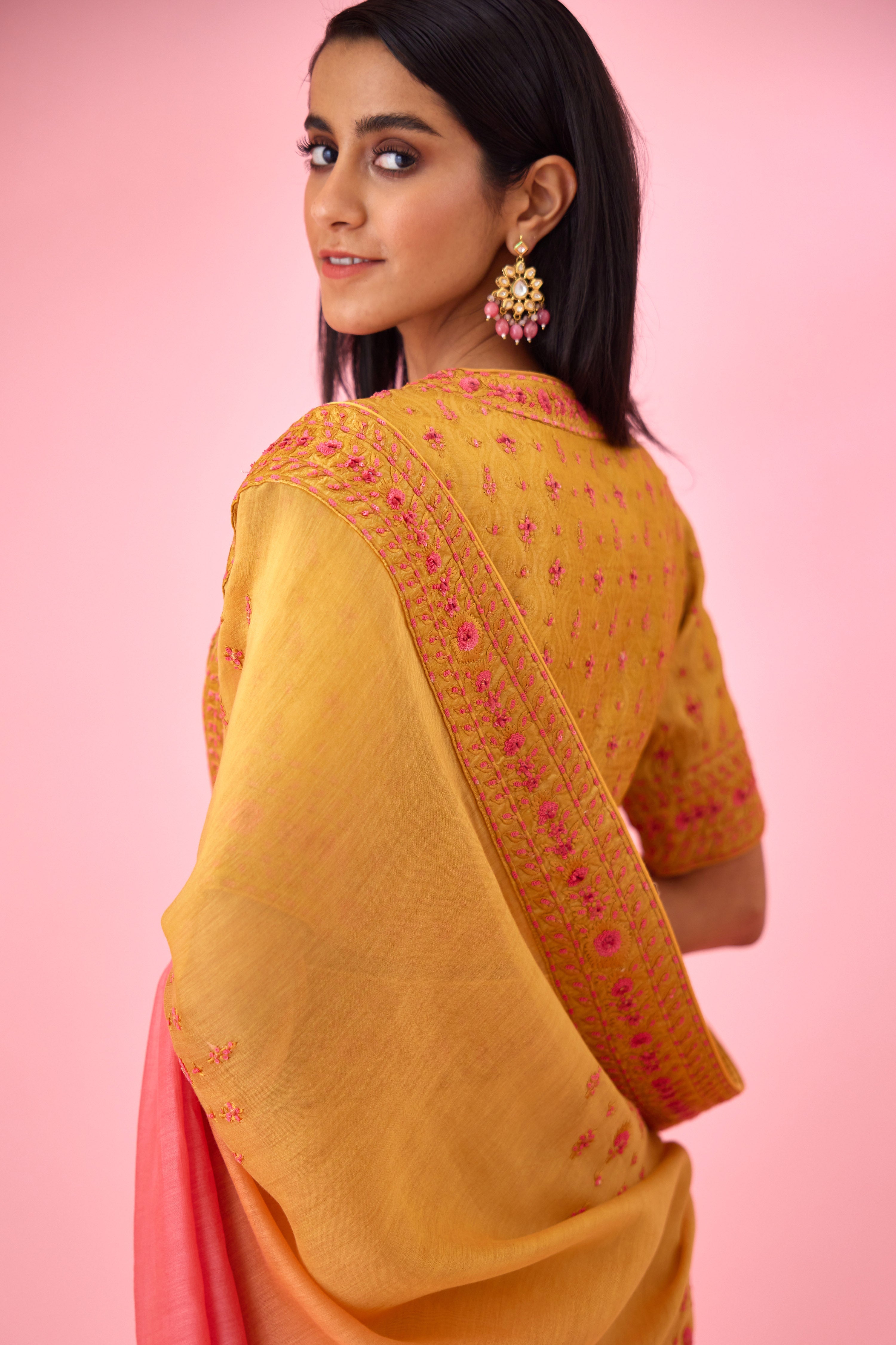 Yellow Pink Ombre Saree Set