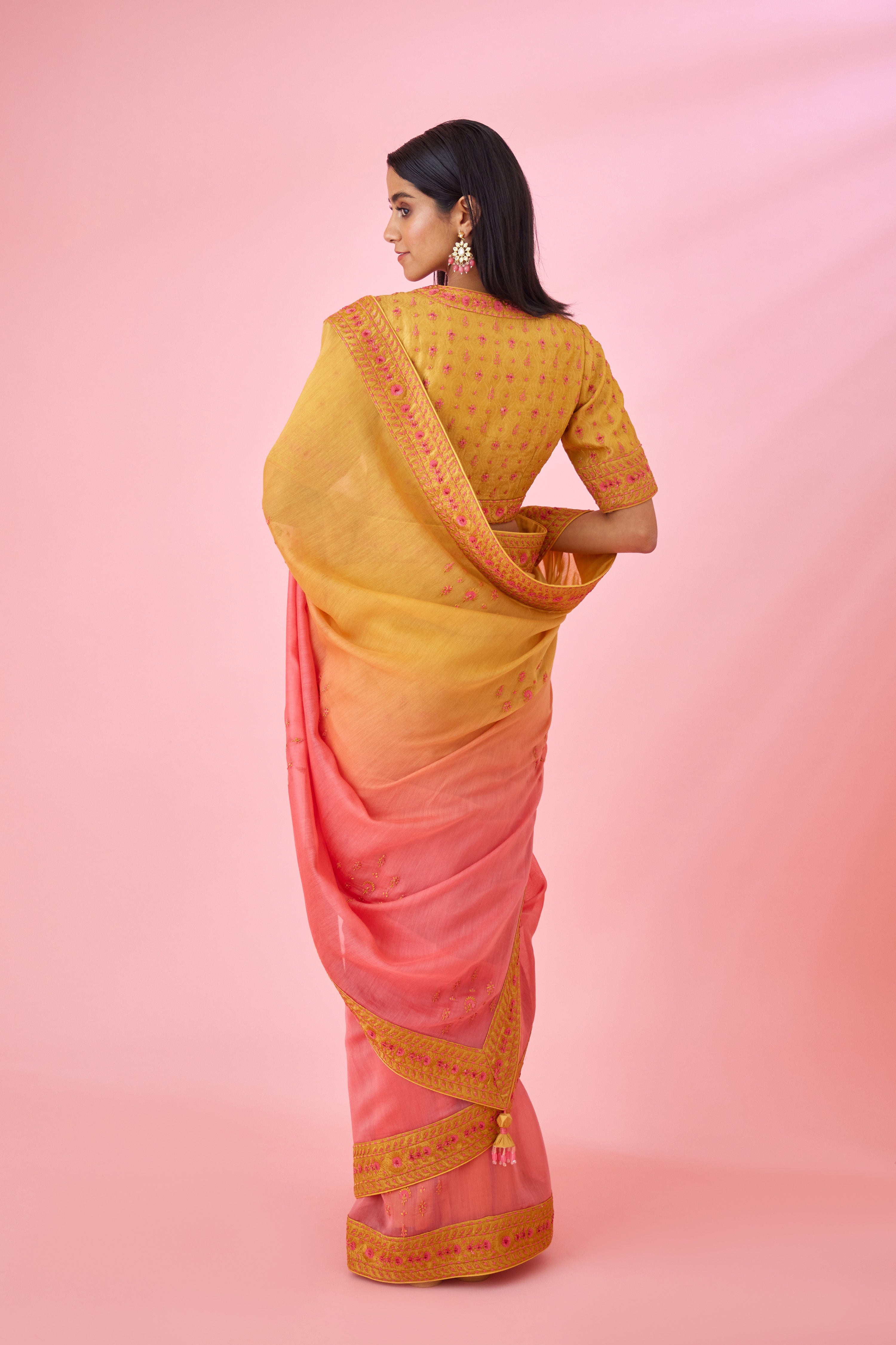 Yellow Pink Ombre Saree Set