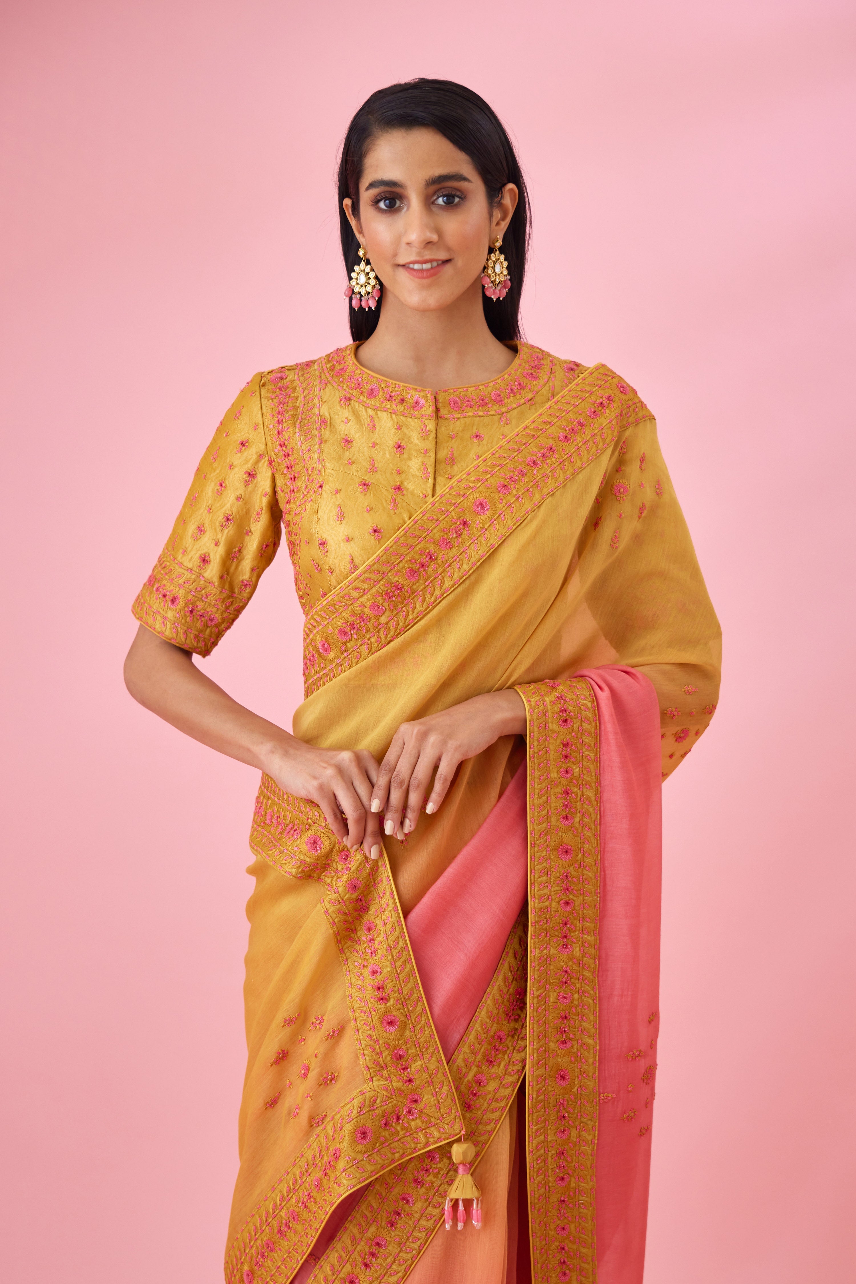 Yellow Pink Ombre Saree Set