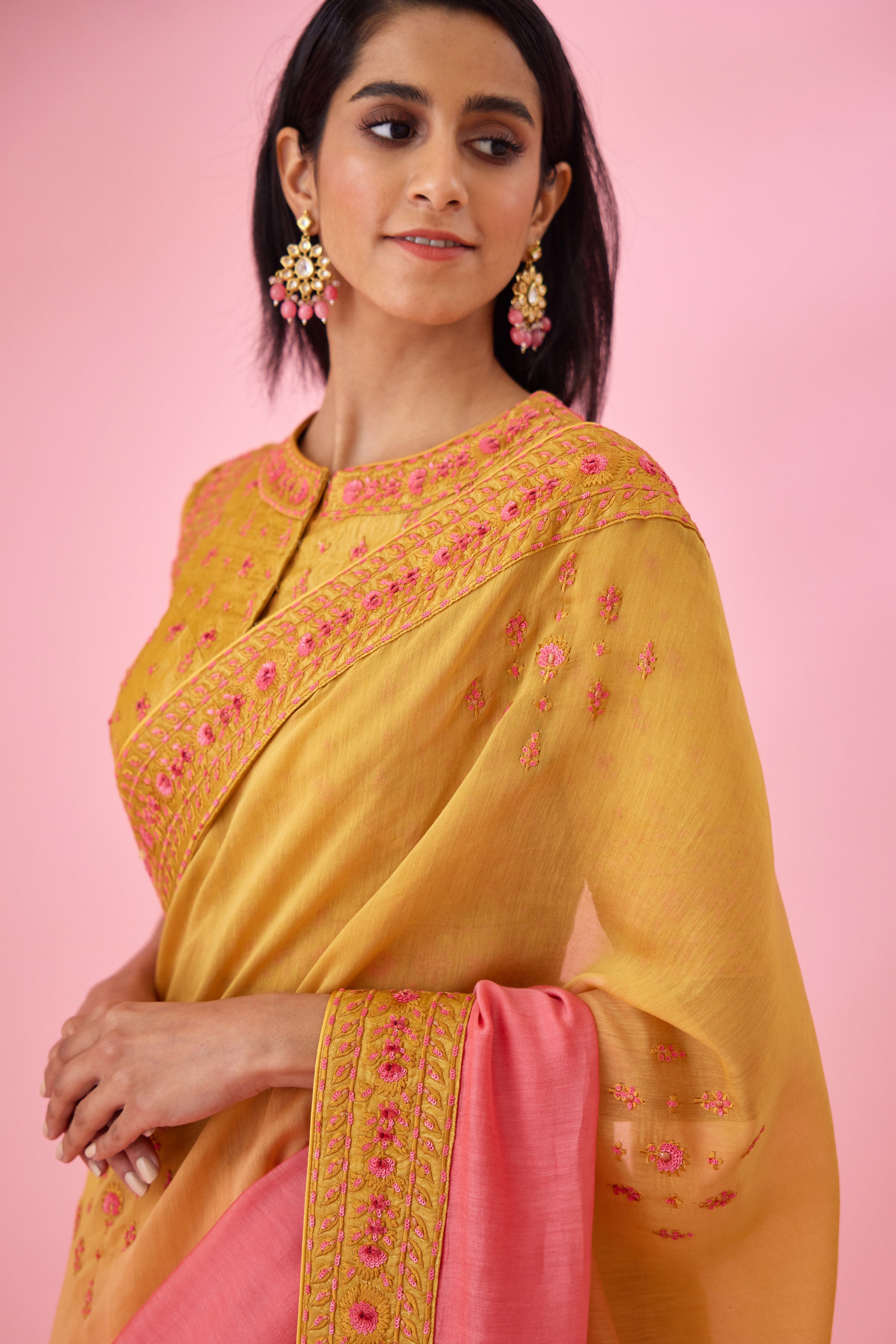 Yellow Pink Ombre Saree Set