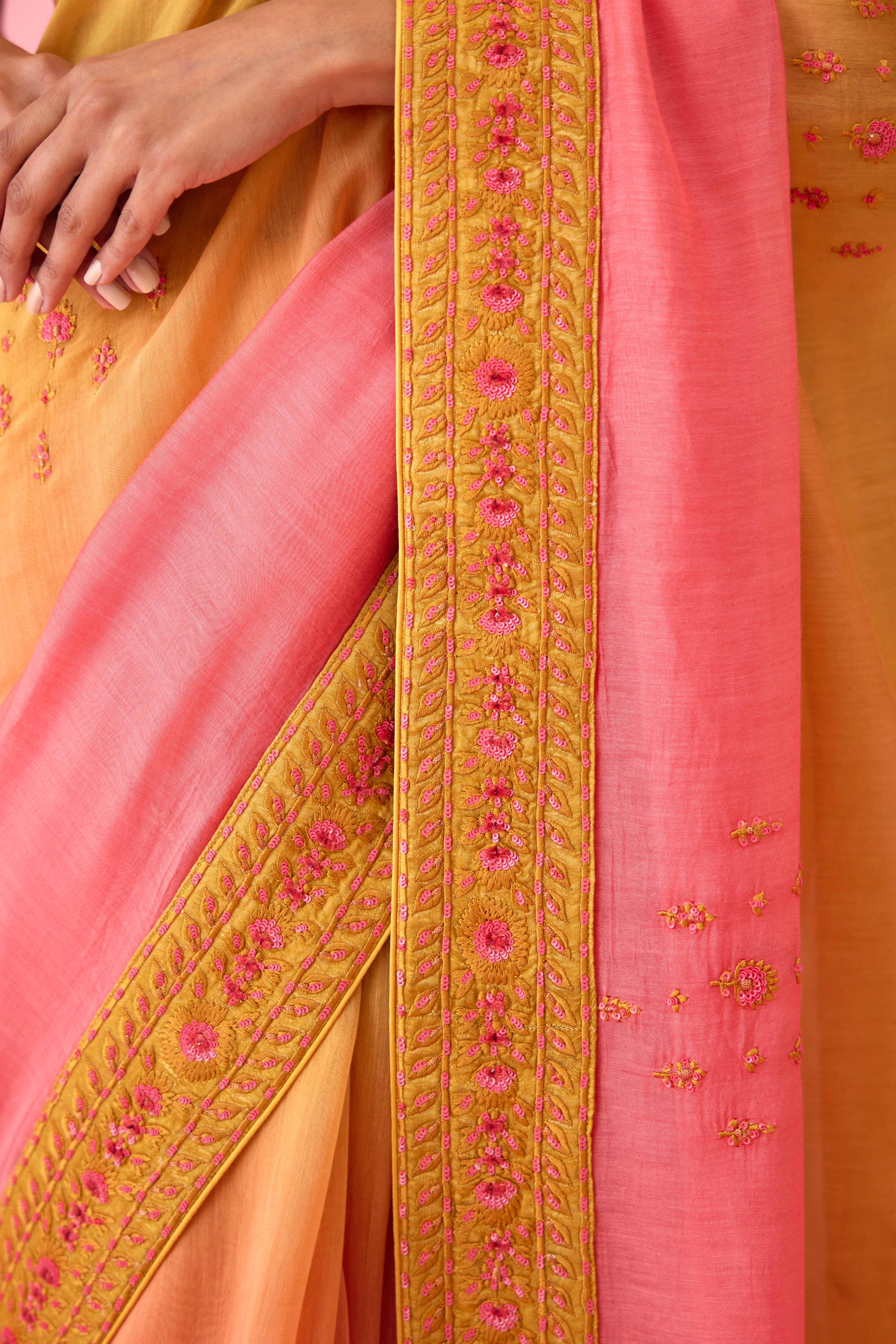 Yellow Pink Ombre Saree Set