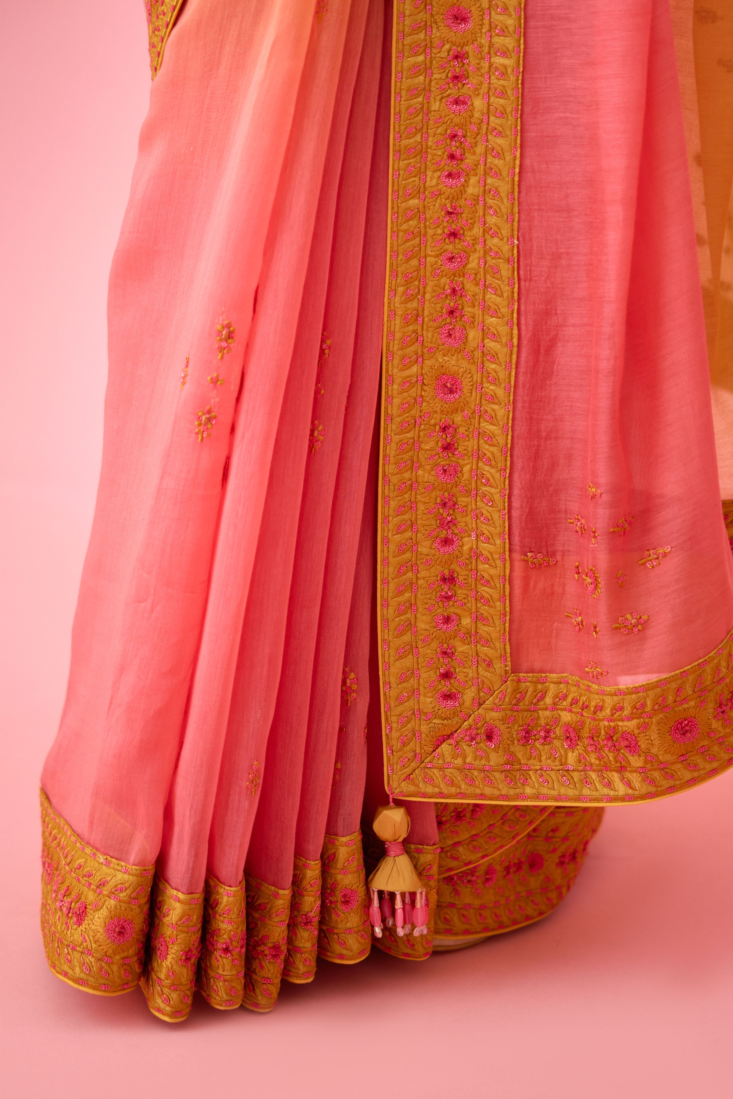 Yellow Pink Ombre Saree Set