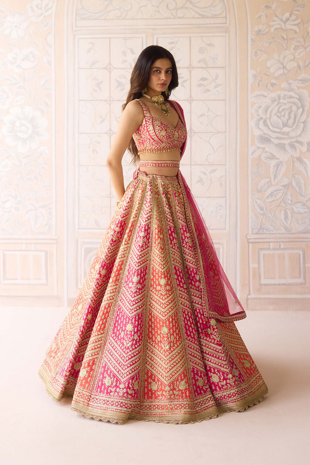 Coral Orange Pink Lehenga Set.