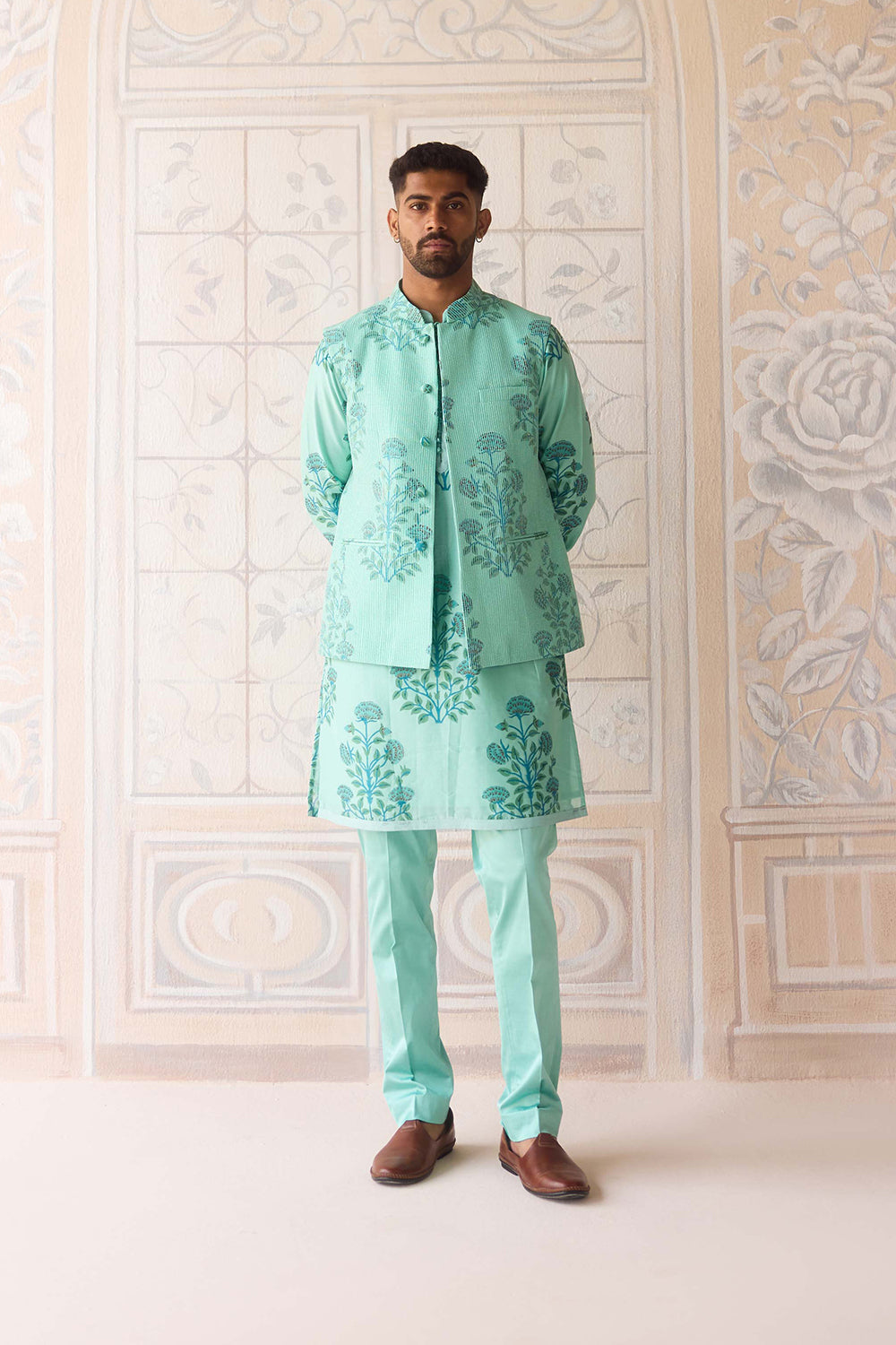Plume Blue Kurta & Waistcoat Set.