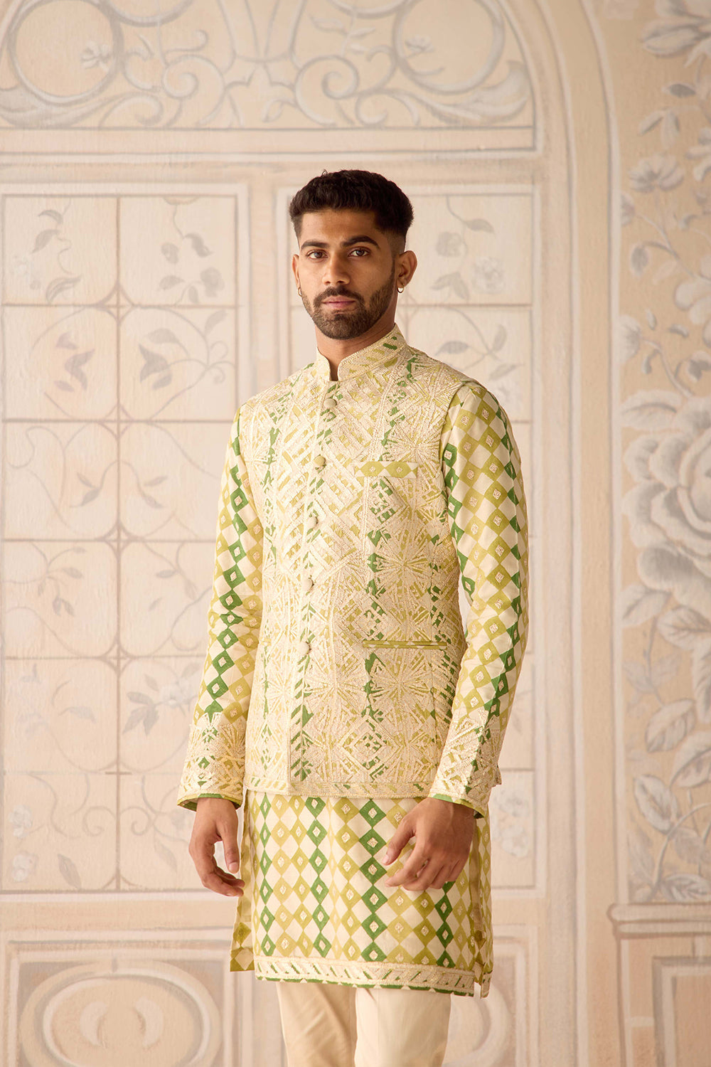 Ivory Jade Green Kurta & Waistcoat Set.