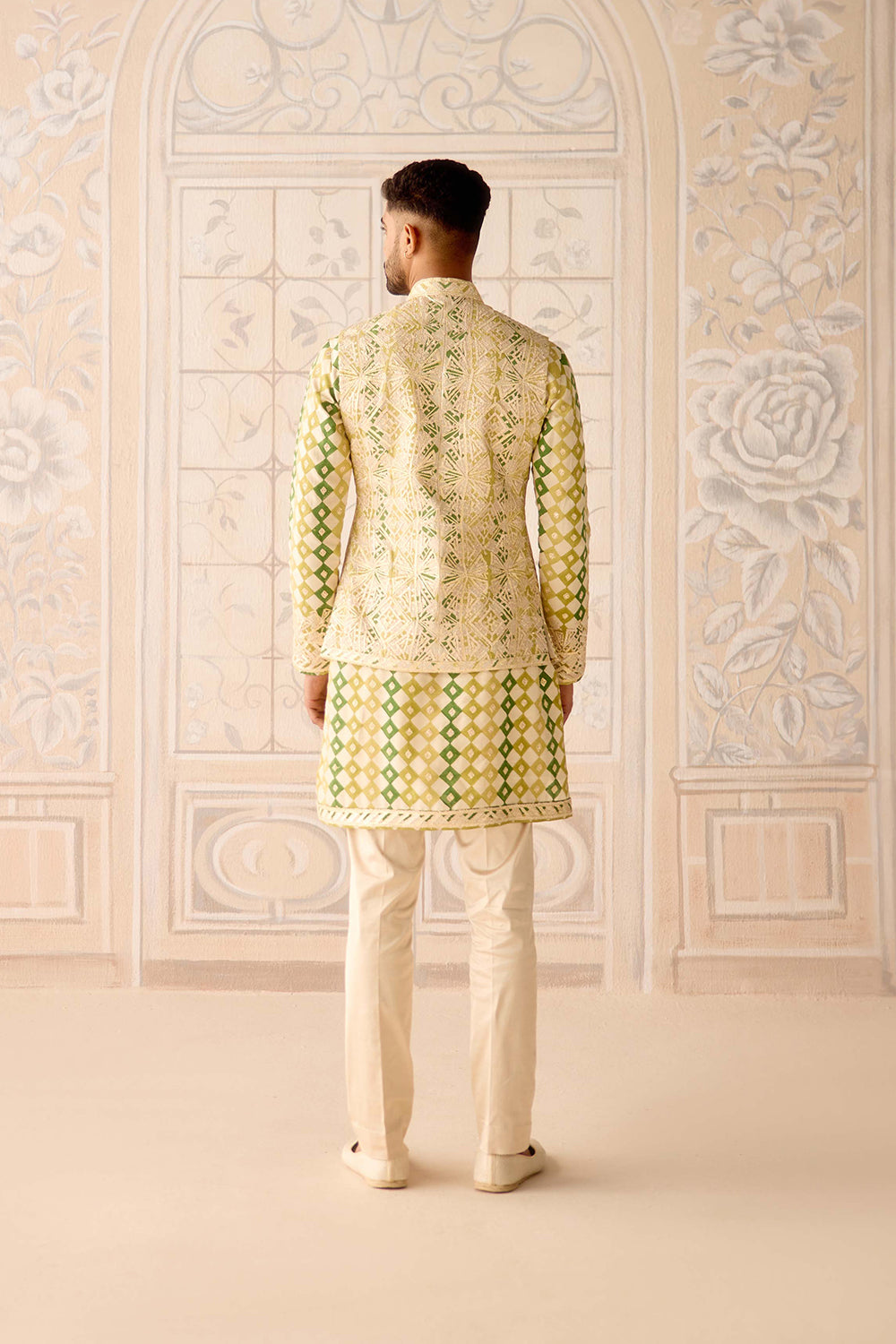Ivory Jade Green Kurta & Waistcoat Set.