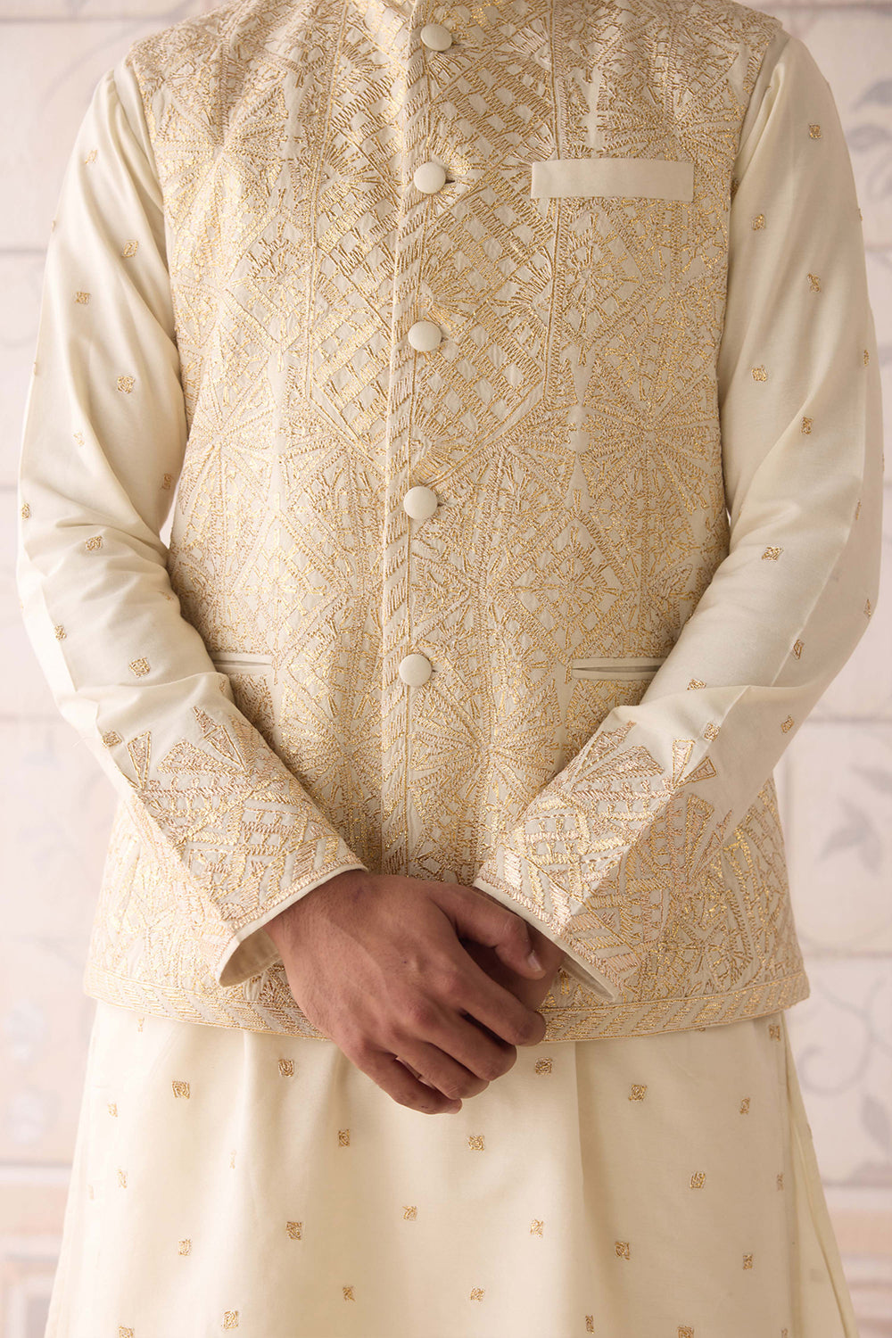 Egret Ivory Kurta & Waistcoat Set.