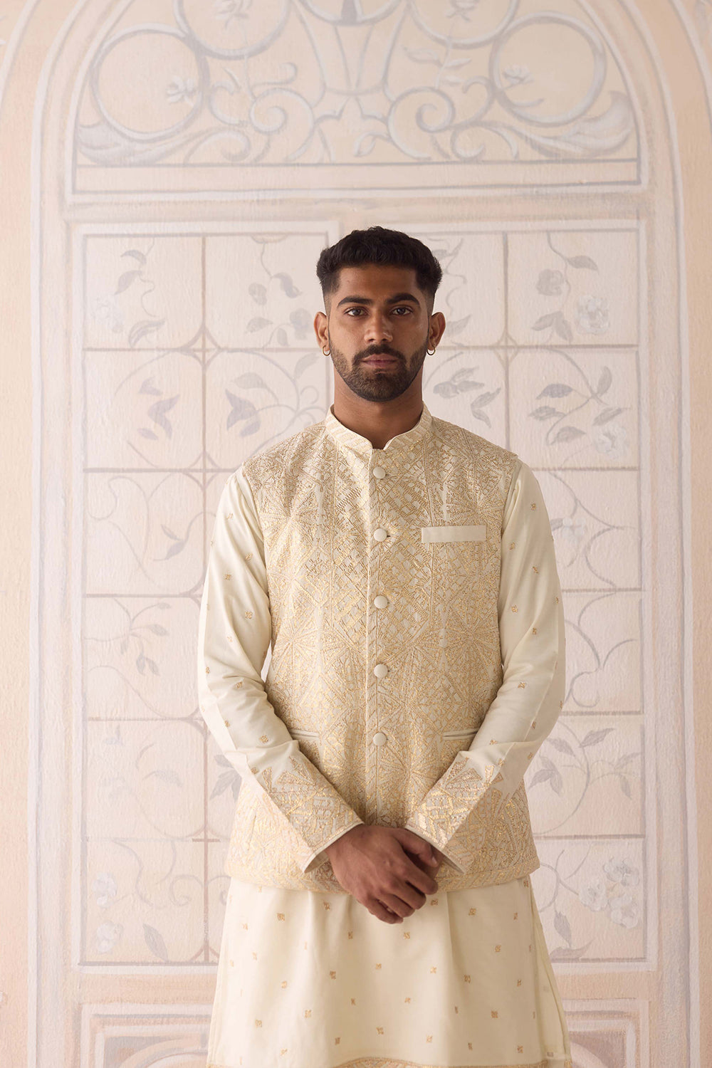 Egret Ivory Kurta & Waistcoat Set.