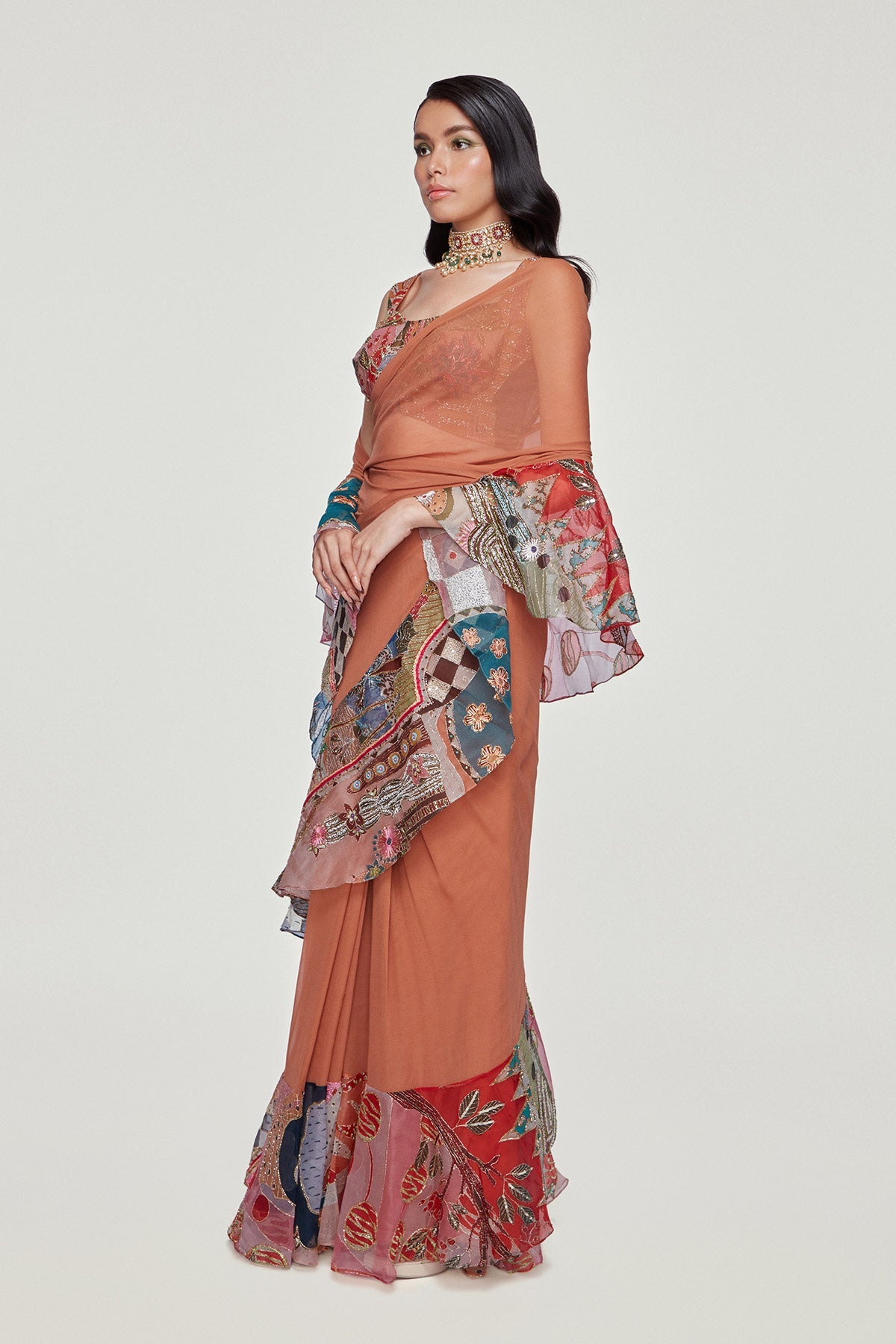 Amberina - Orange Organza Ruffle Saree Set