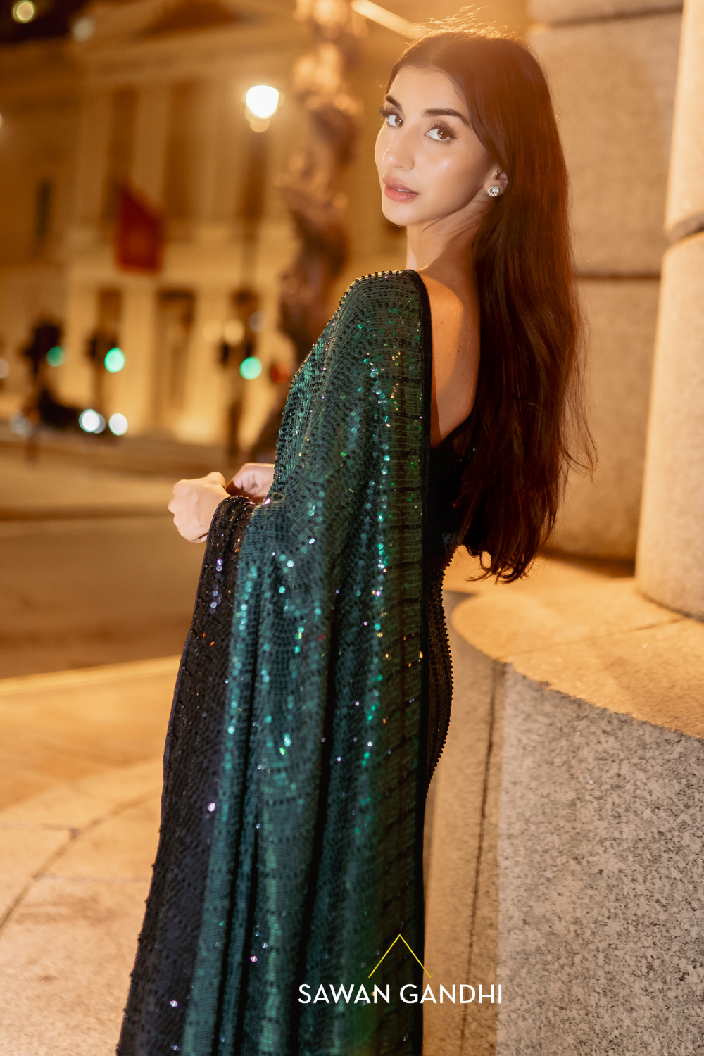 Emerald green to black ombre saree