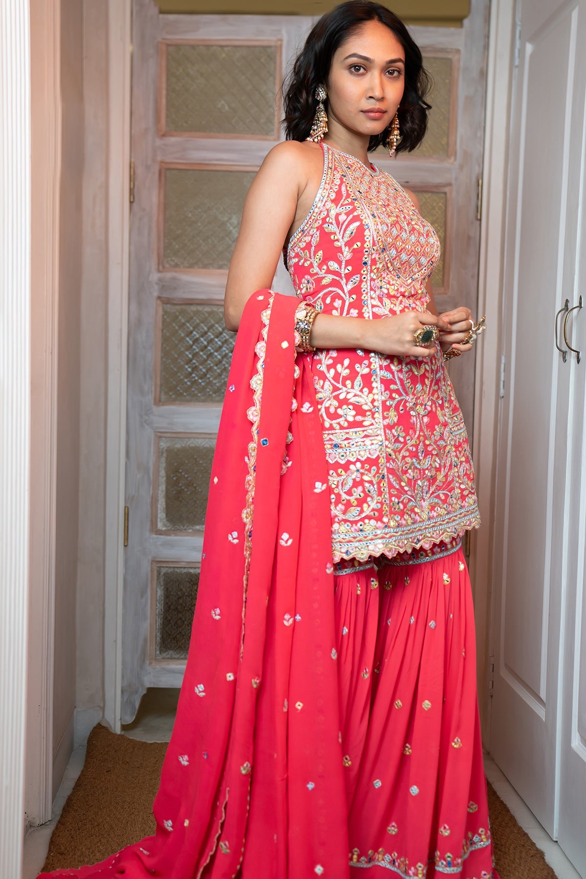 Hot Pink Georgette Halter Style Gharara Set