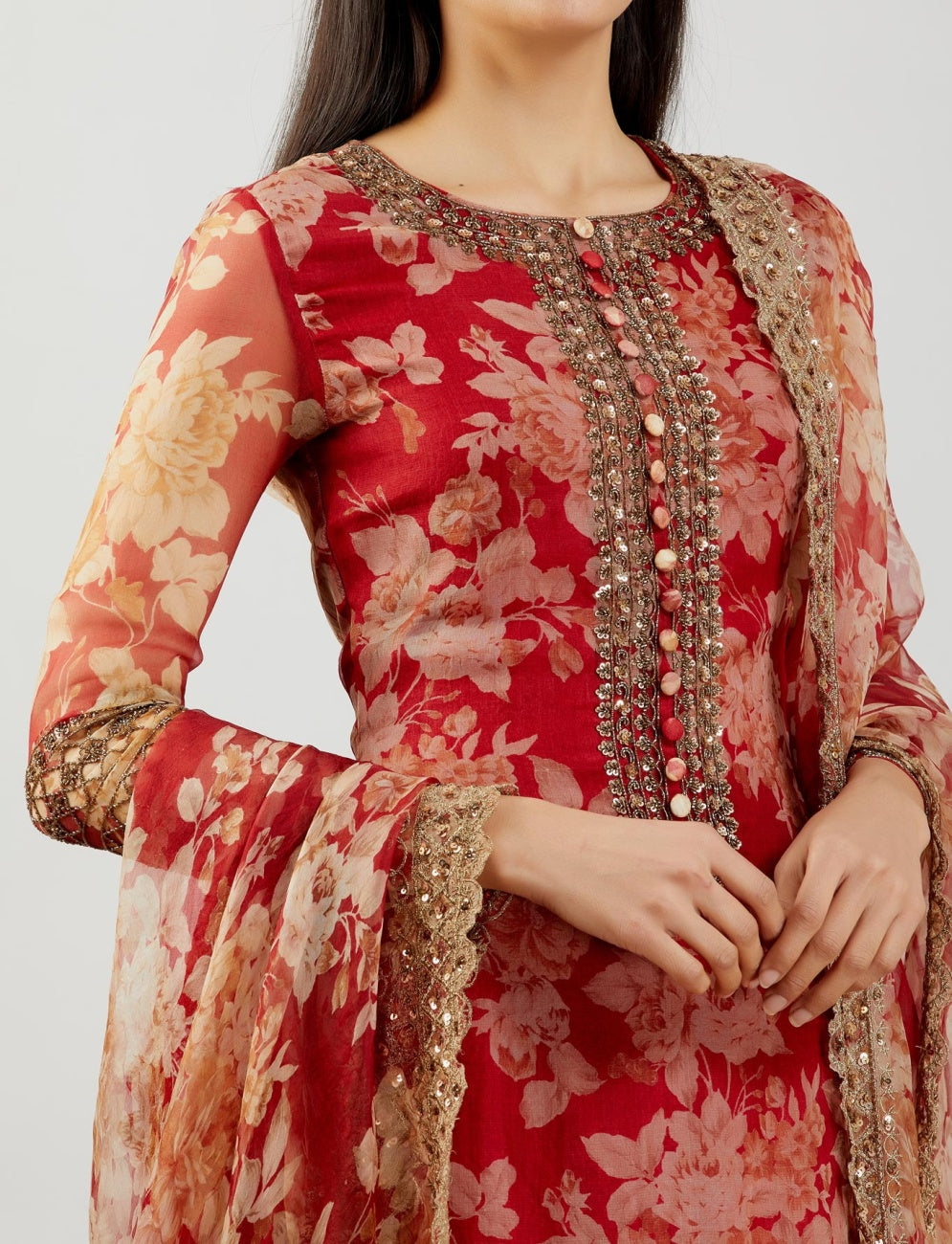 Red Floral Kurti Set