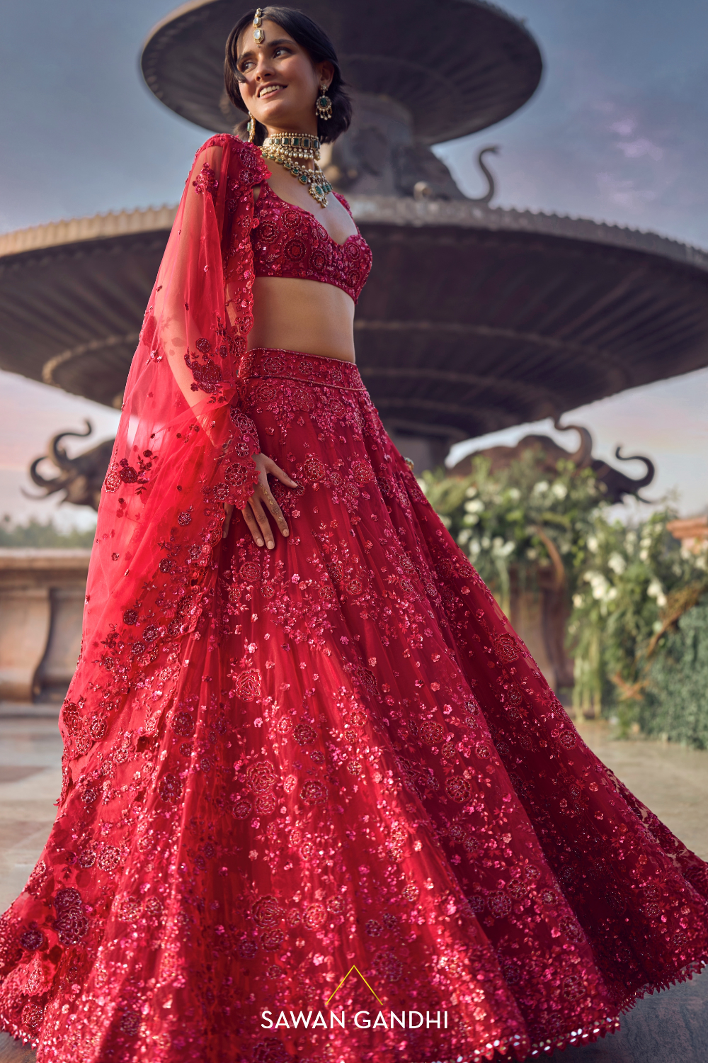 RED FLORAL APPLIQUÉ WORK LEHENGA