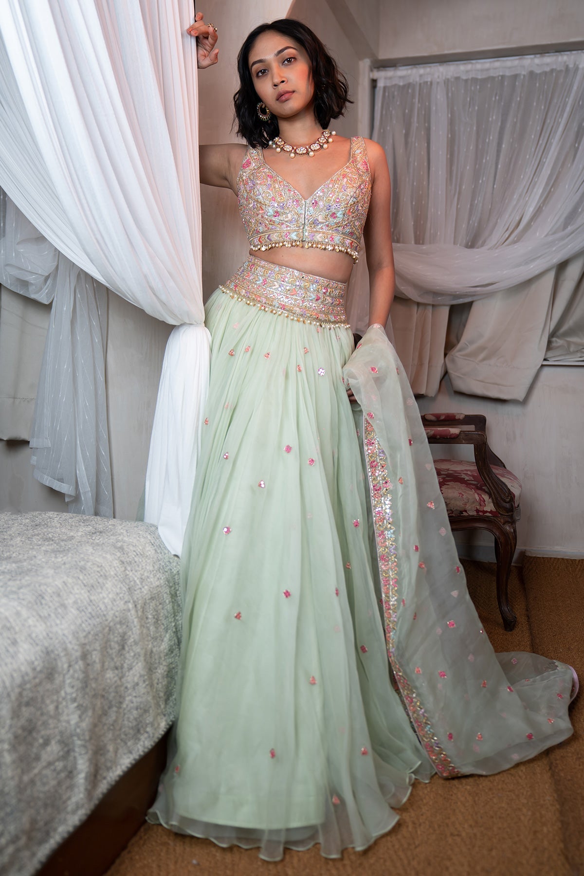 Mint Green Organza Lehenga