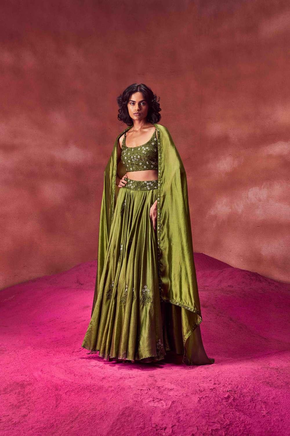 Olive Green Resham Work Lehenga Set