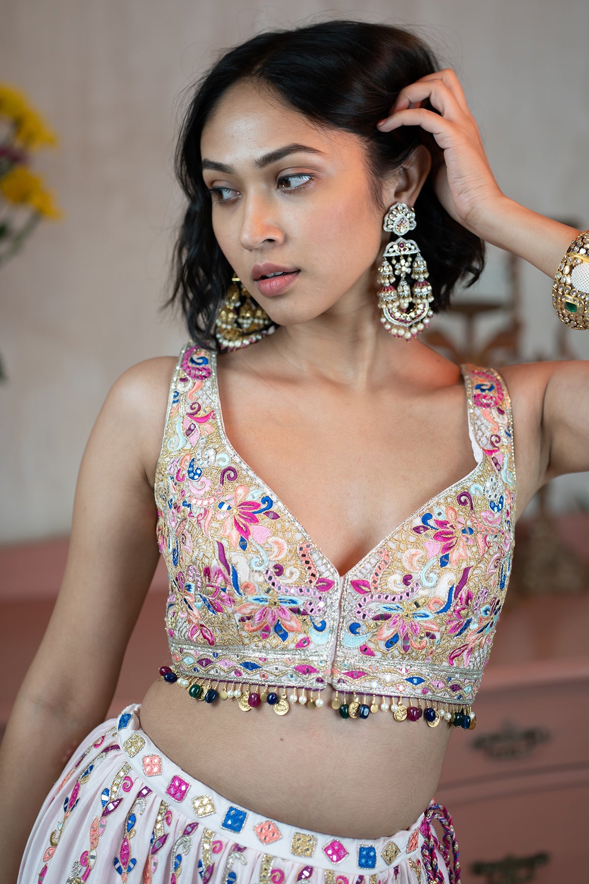 Light Pink Chanderi Skirt and Embroidered Blouse