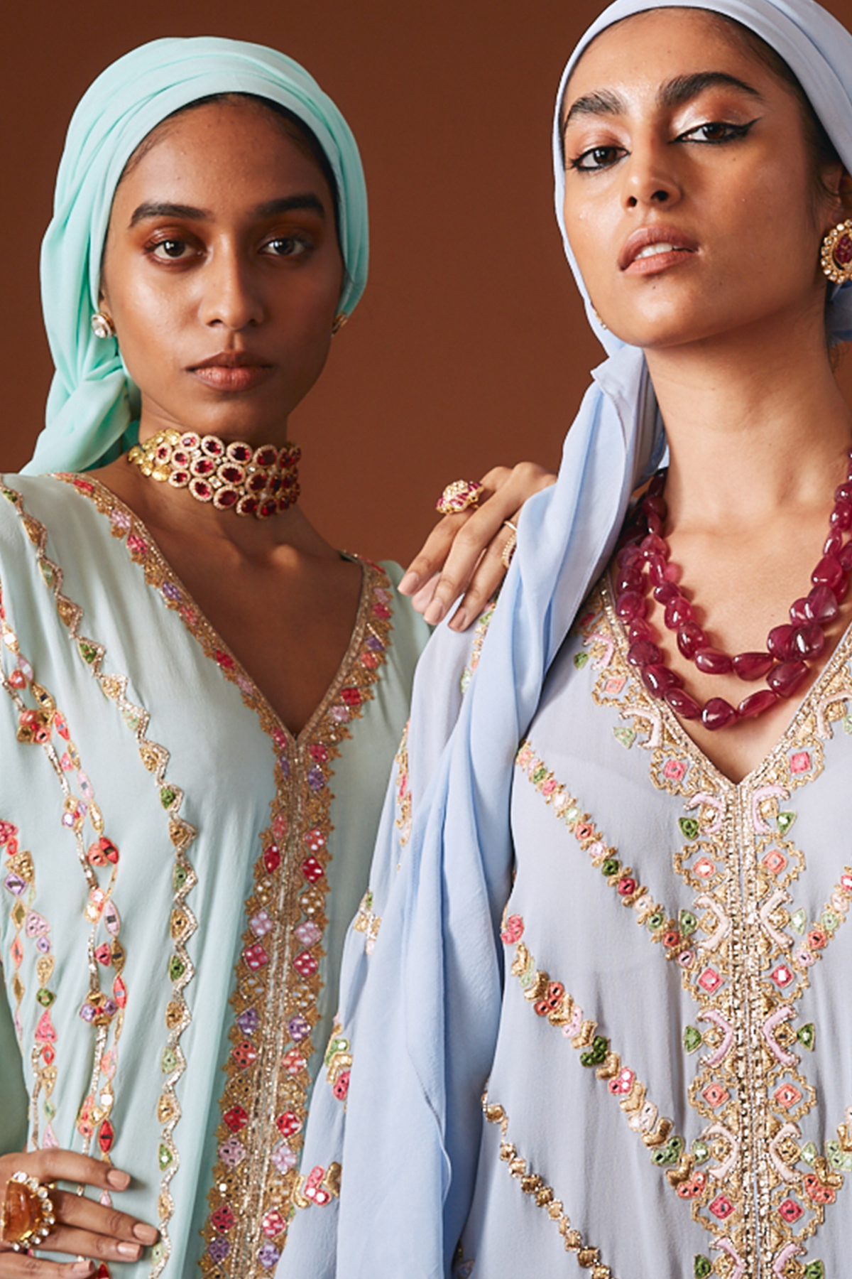 English Blue Cowl Georgette Kaftan With Mirror And Resham