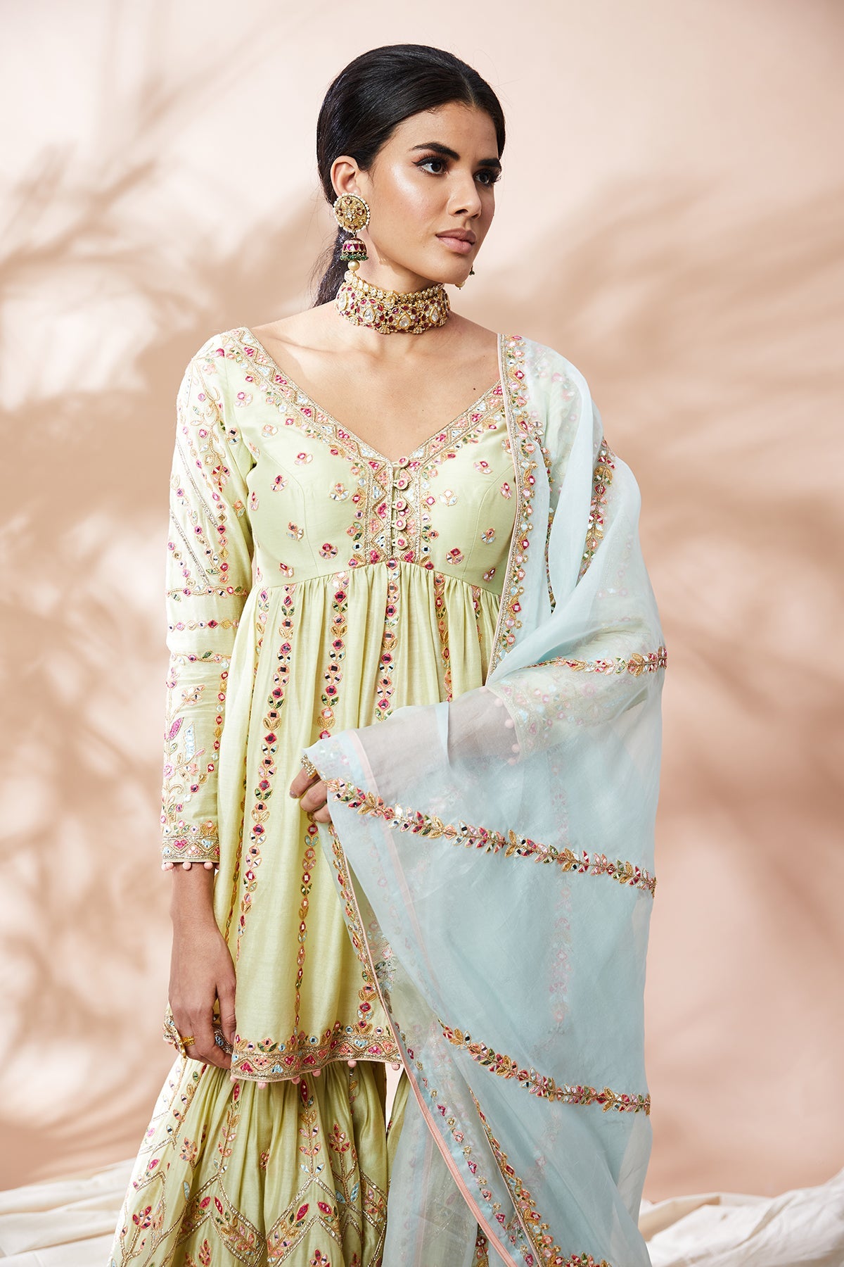 GREEN PEPLUM GHARARA SET