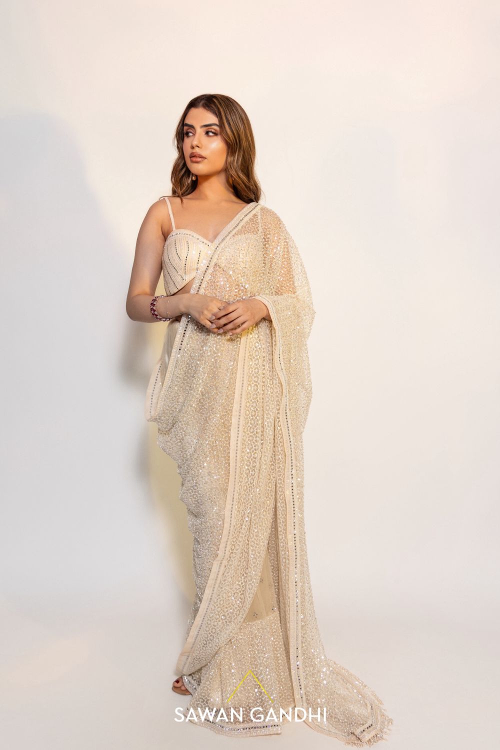 Muskan Chanana in Ivory cutdana work saree