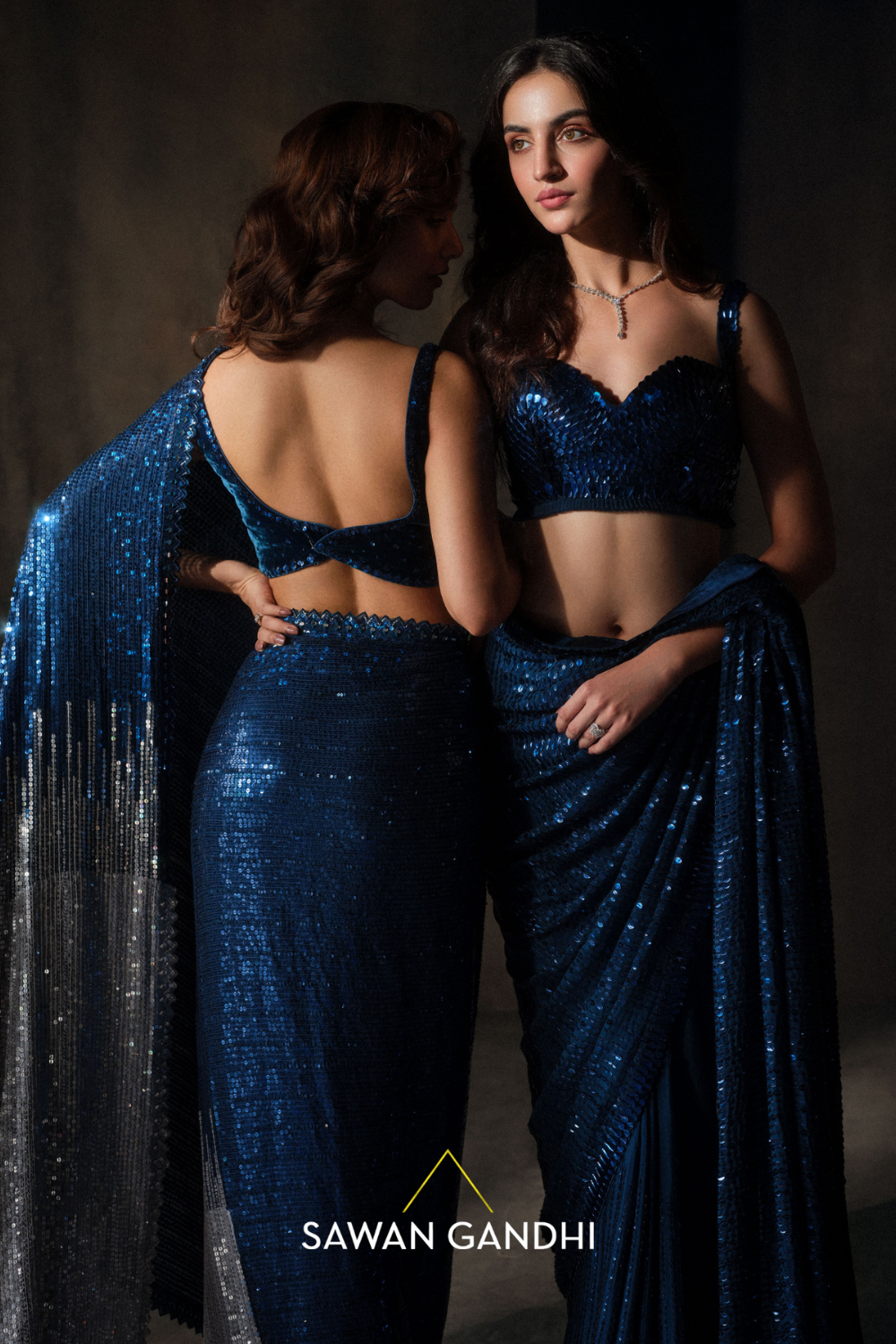 Electric blue to silver ombre saree