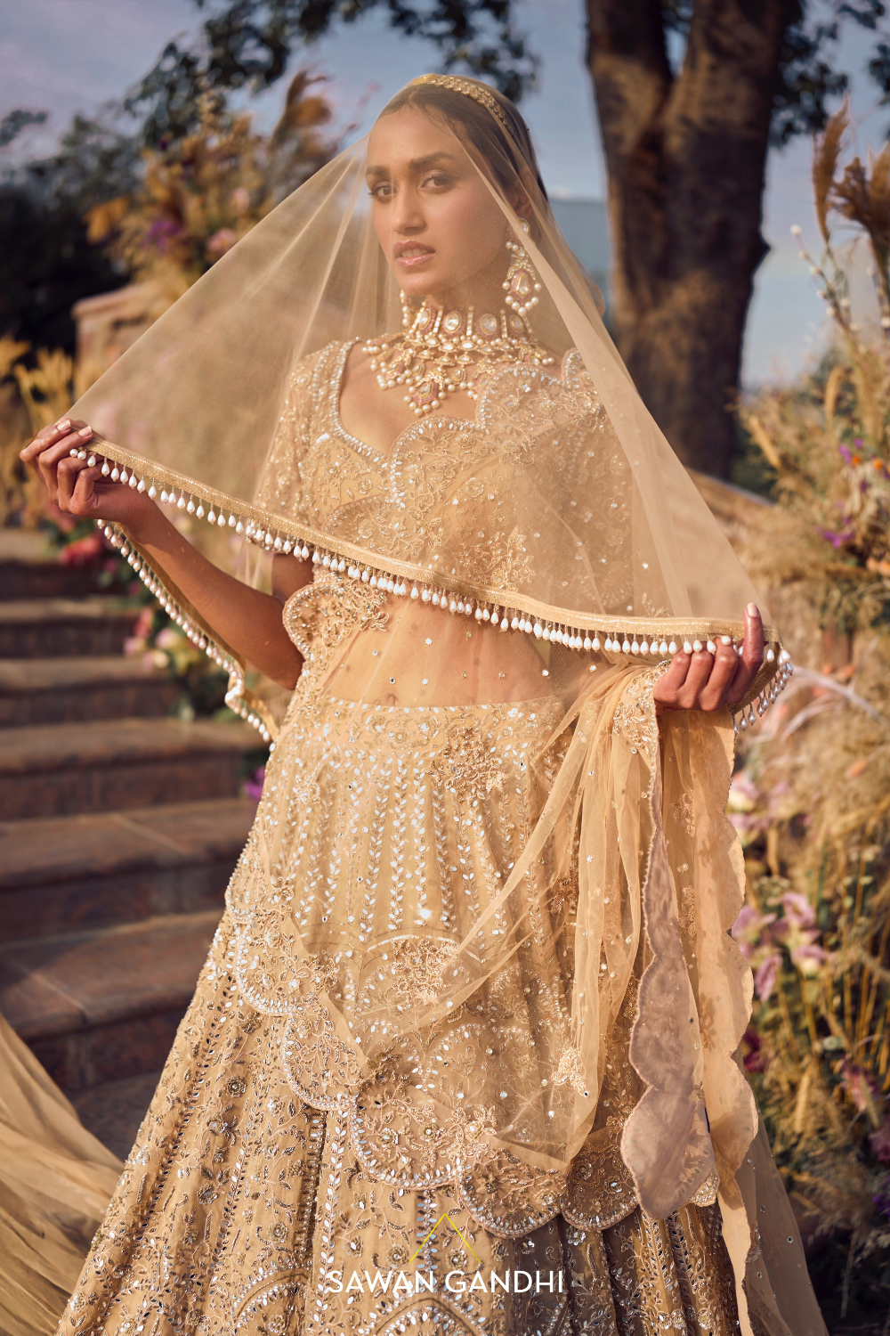 DARK BEIGE FLORAL EMBROIDERED LEHENGA