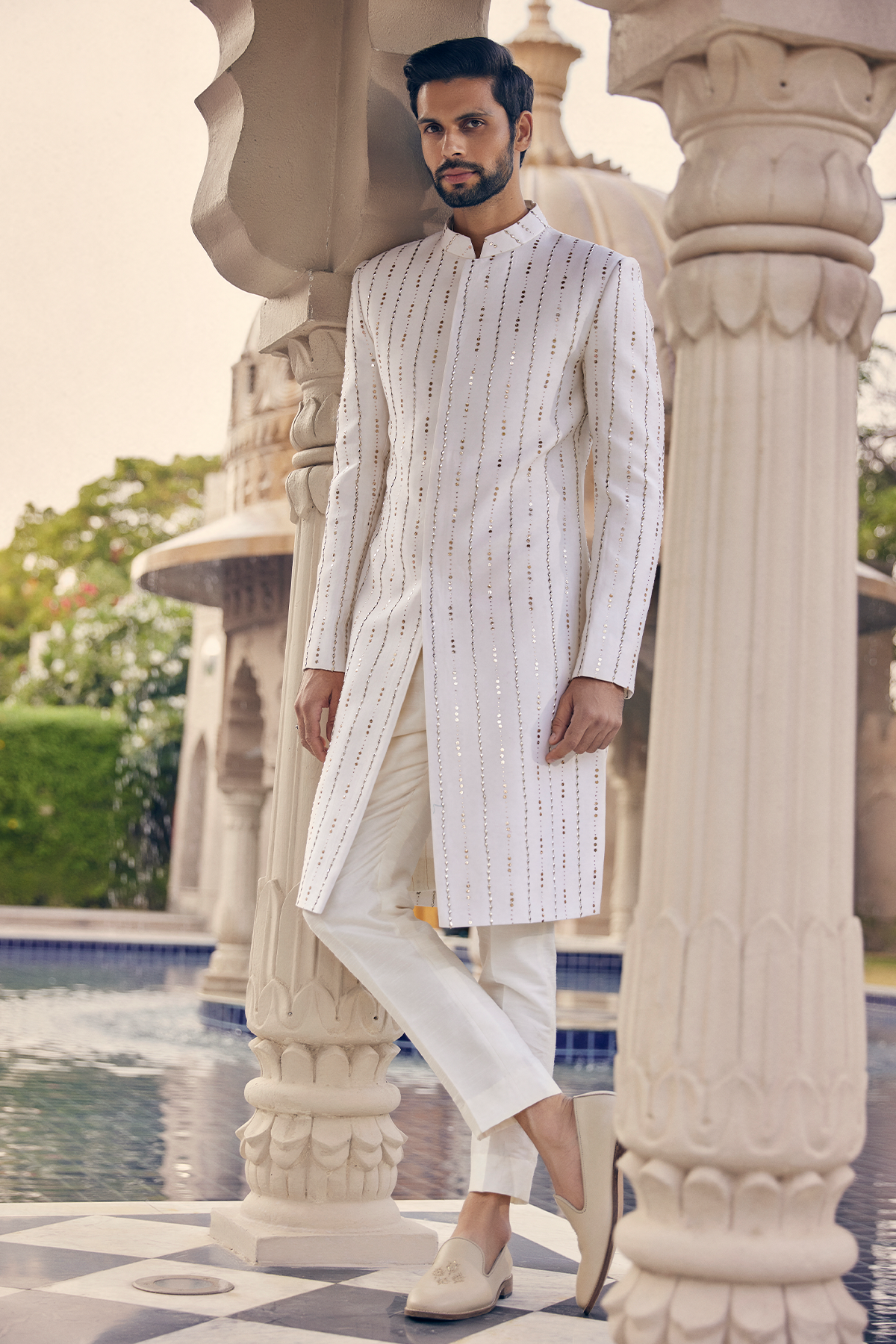 Ivory Mukaish Lines Sherwani