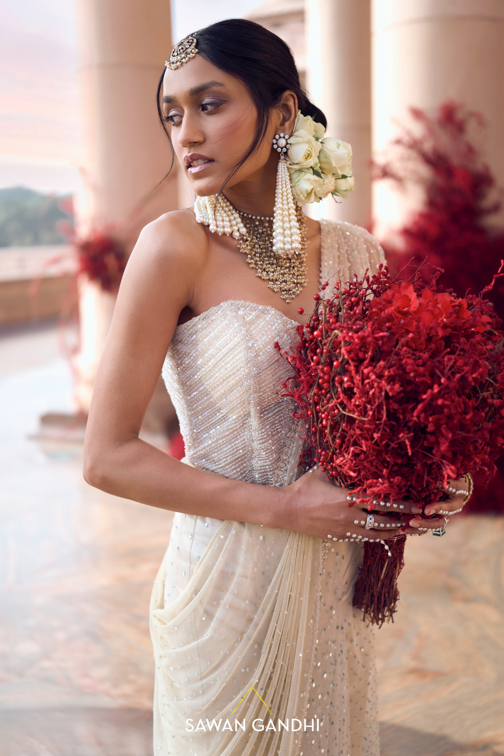 IVORY DRAPED SAREE WITH EMBELLISHED CORSET