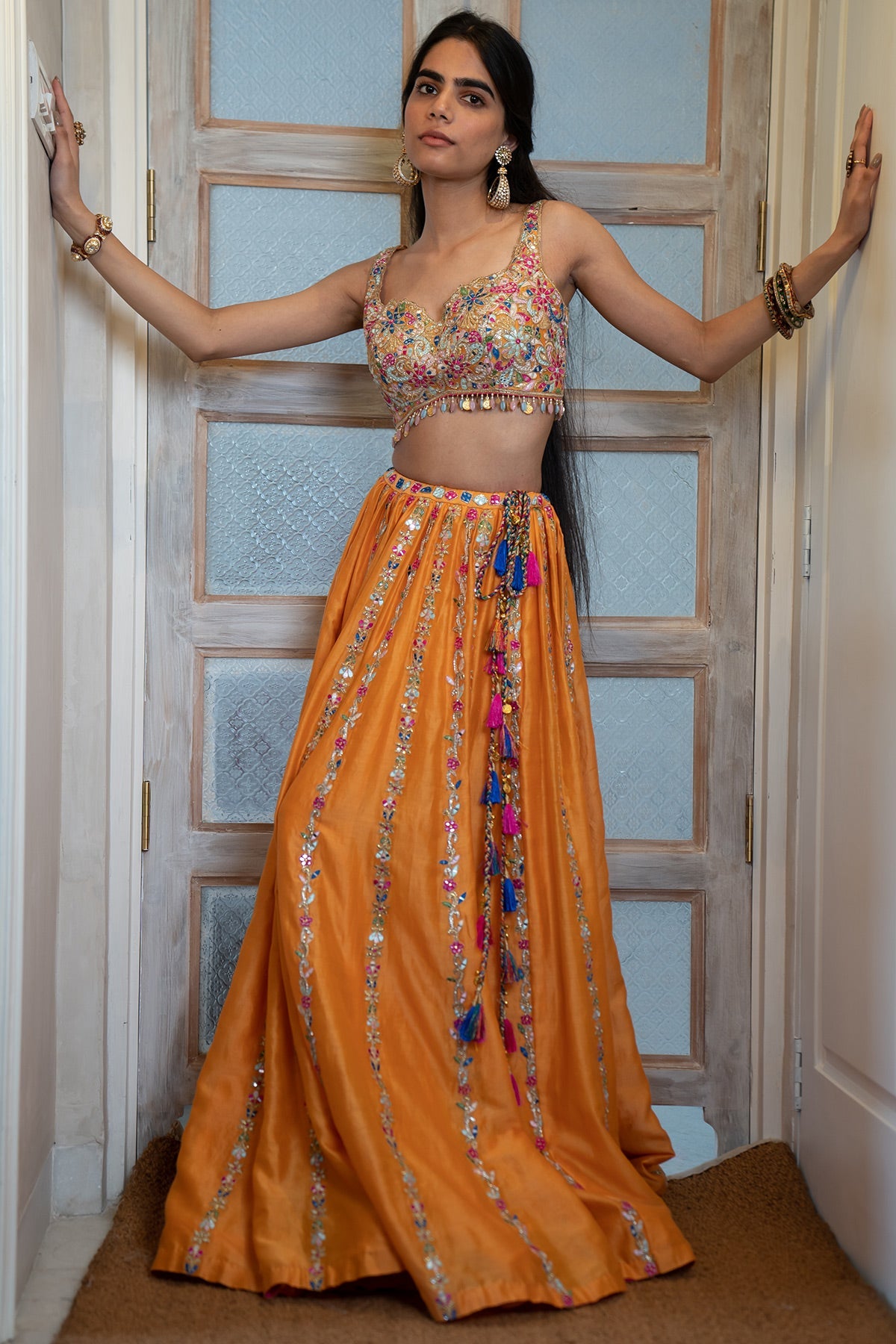 Tangerine Chanderi Skirt Withan Embroidered Blouse