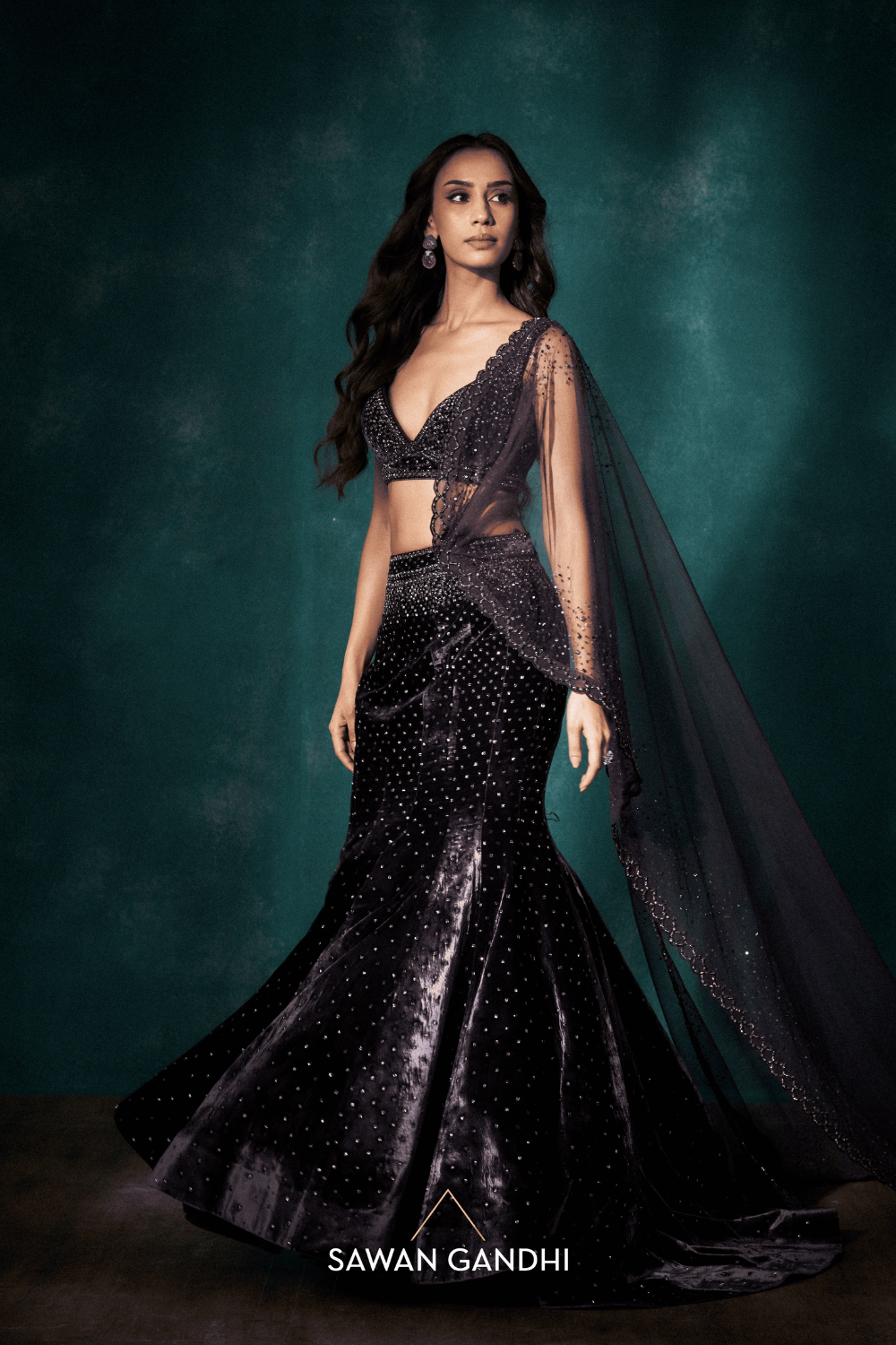 Purple fishcut velvet lehenga