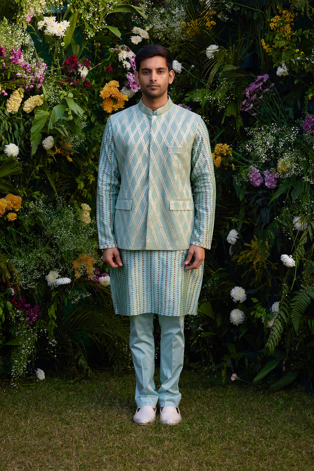Smoke Green Kurta & Waistcoat Set